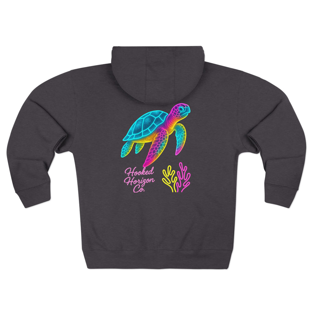 Neon Deep Drift Coral & Turtle Hooked Horizon Co. Unisex Zip Hoodie for Ocean Lovers, Nautical Fashion, Cool Weather Gear, Everyday Comfort, Perfect Gift