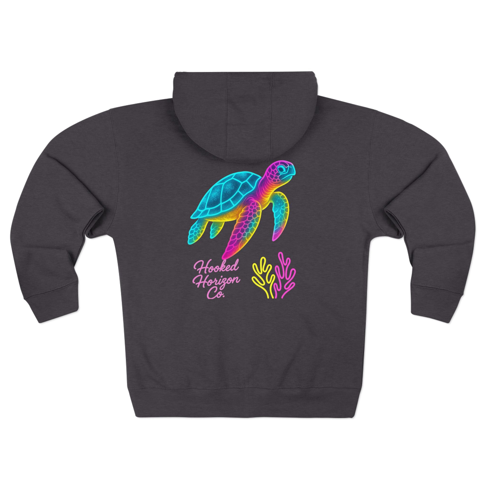 Neon Deep Drift Coral & Turtle Hooked Horizon Co. Unisex Zip Hoodie for Ocean Lovers, Nautical Fashion, Cool Weather Gear, Everyday Comfort, Perfect Gift