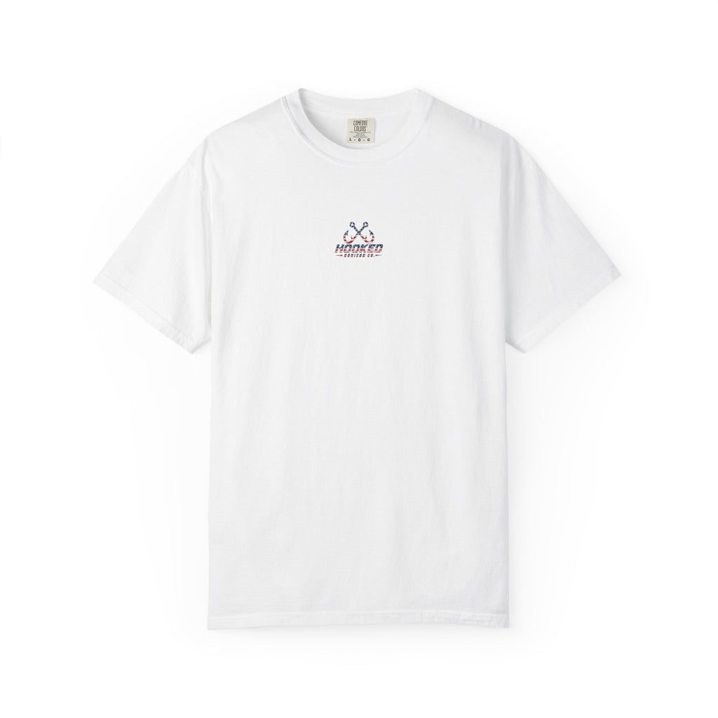 USA Shark Flag T-Shirt — "Hooked Horizon Co." American Fishing Graphic Tee