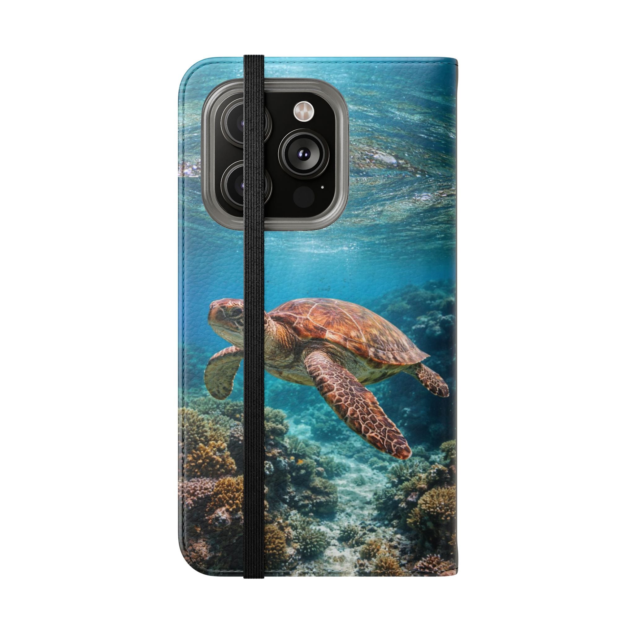 Turtle Hooked Horizon Co Flip Phone Case — Turquoise Water Pattern Wallet Cover