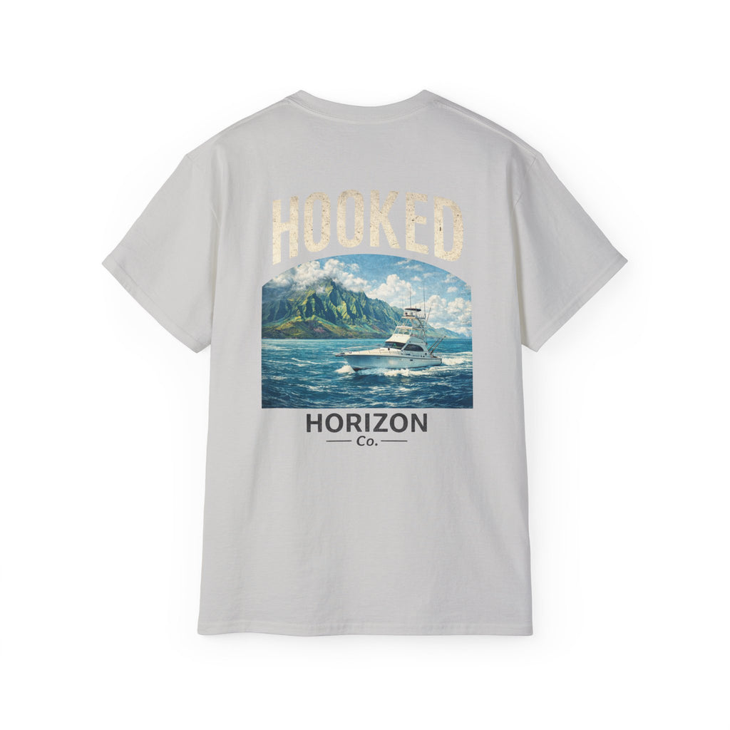 Fishing Charter T-Shirt — "Hooked" Boat & Horizon Graphic Tee, Multiple Color Variations