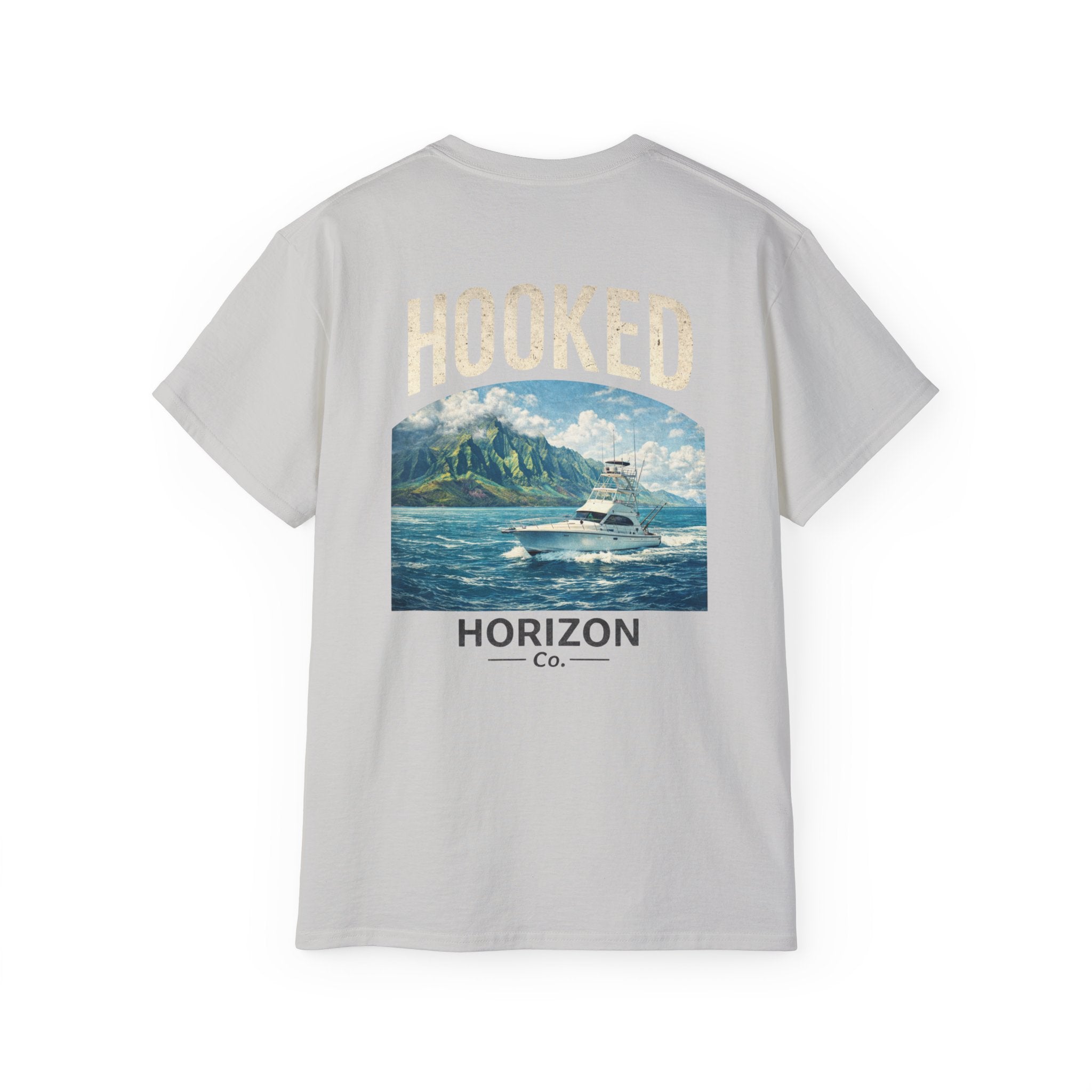 Fishing Charter T-Shirt — "Hooked" Boat & Horizon Graphic Tee, Multiple Color Variations