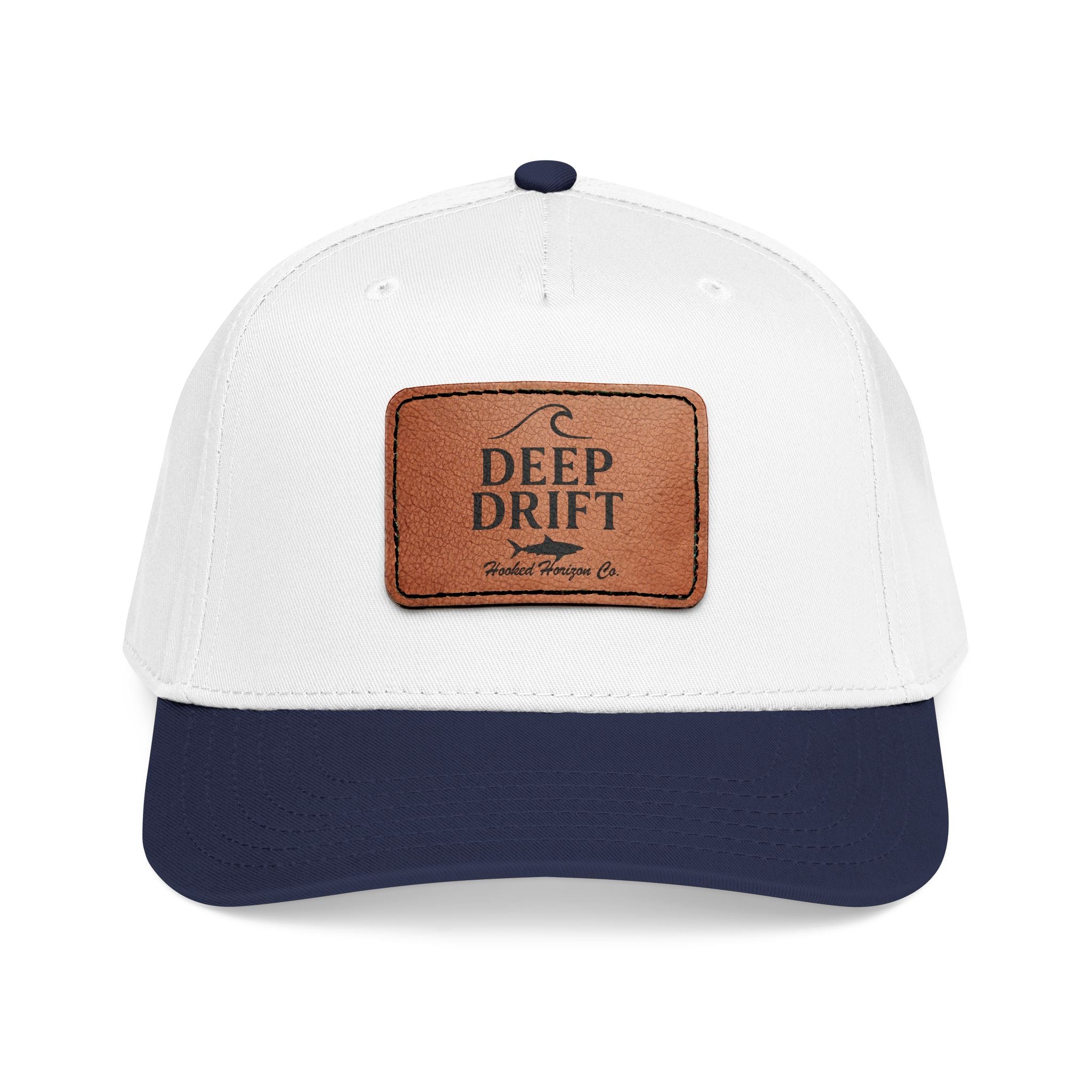 "Deep Drift" Shark Wave Leather Patch Baseball Cap — Hooked Horizon Co. Ocean Wave Logo, Multiple Color Variations