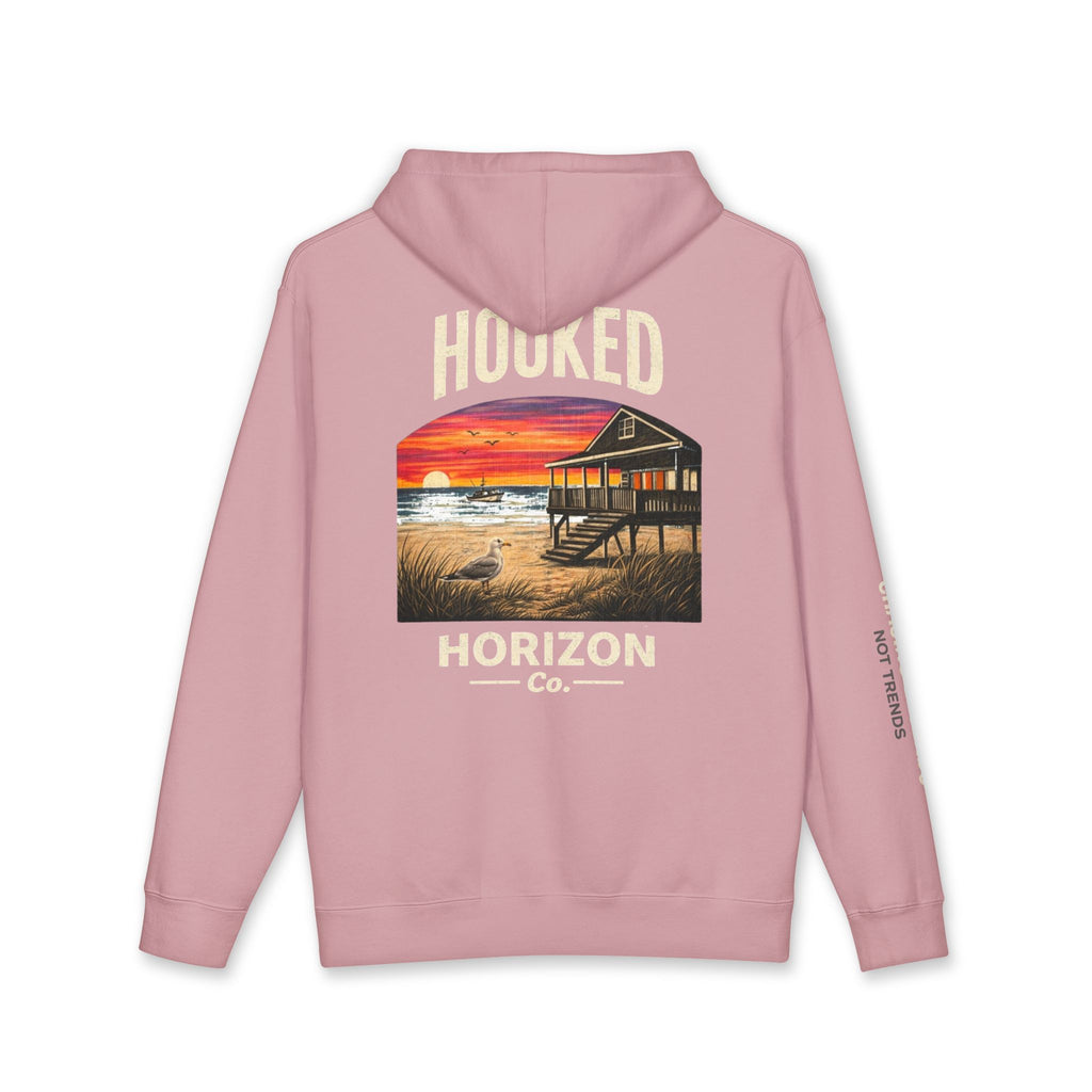Seagull & Red Sunset Hoodie Hooked Horizon Co. — Minimal Fishing Back Graphic Hoodie, Multiple Color Variations