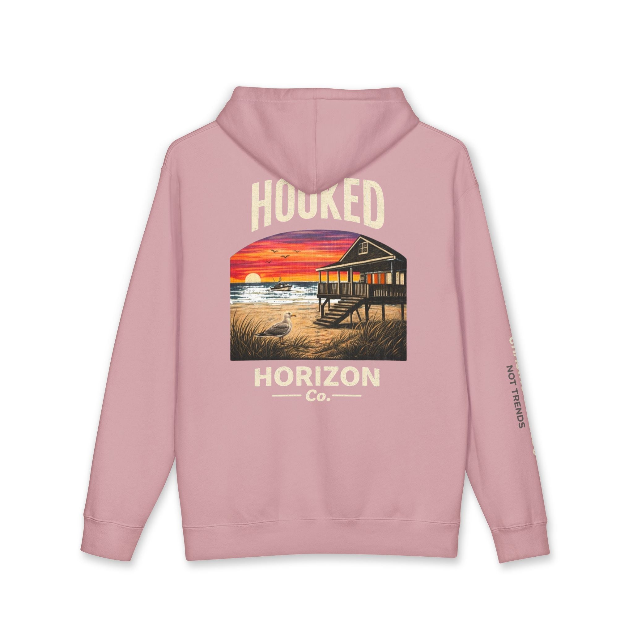 Seagull & Red Sunset Hoodie Hooked Horizon Co. — Minimal Fishing Back Graphic Hoodie, Multiple Color Variations
