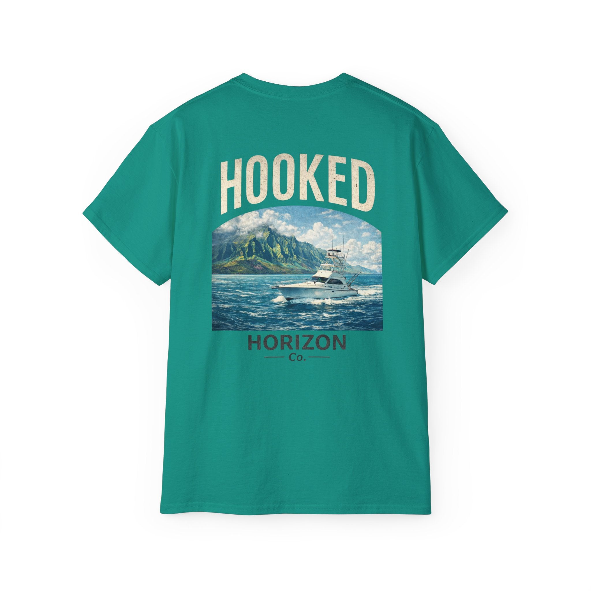 Fishing Charter T-Shirt — "Hooked" Boat & Horizon Graphic Tee, Multiple Color Variations