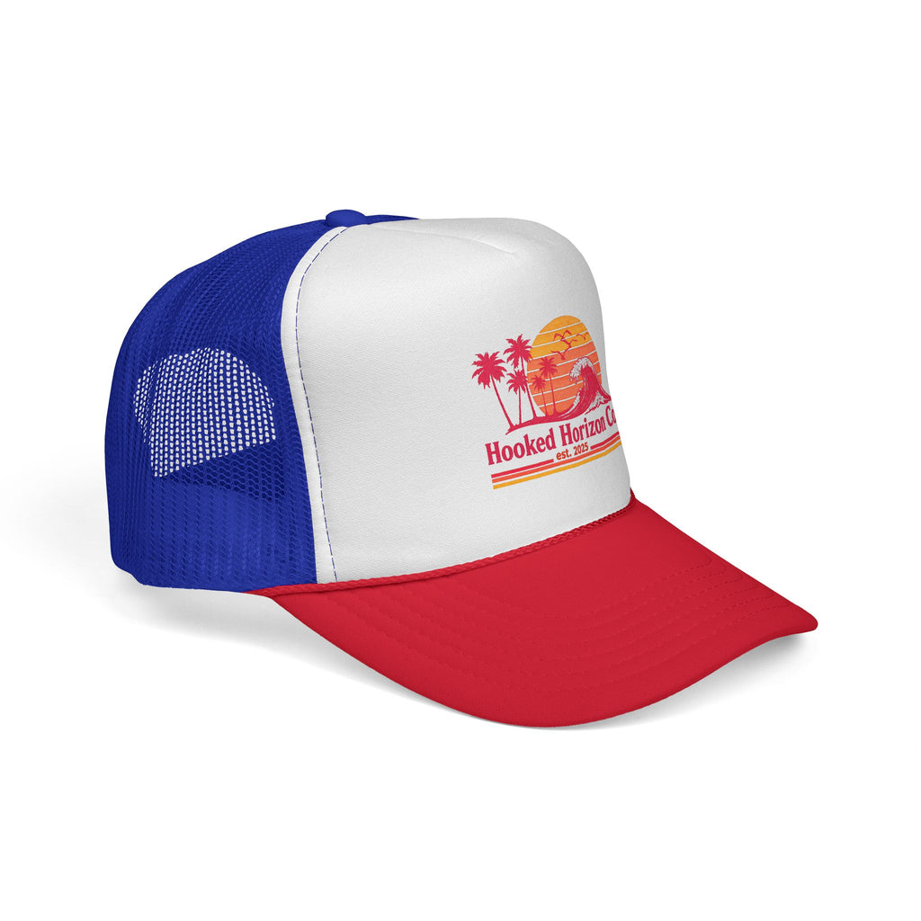 Hooked Horizon Co.  Wave, Sunset & Palm Tree 90s Inspired Trucker Cap — Outdoor & Beach Hat Ocean Conservation Gifts For Him & Her