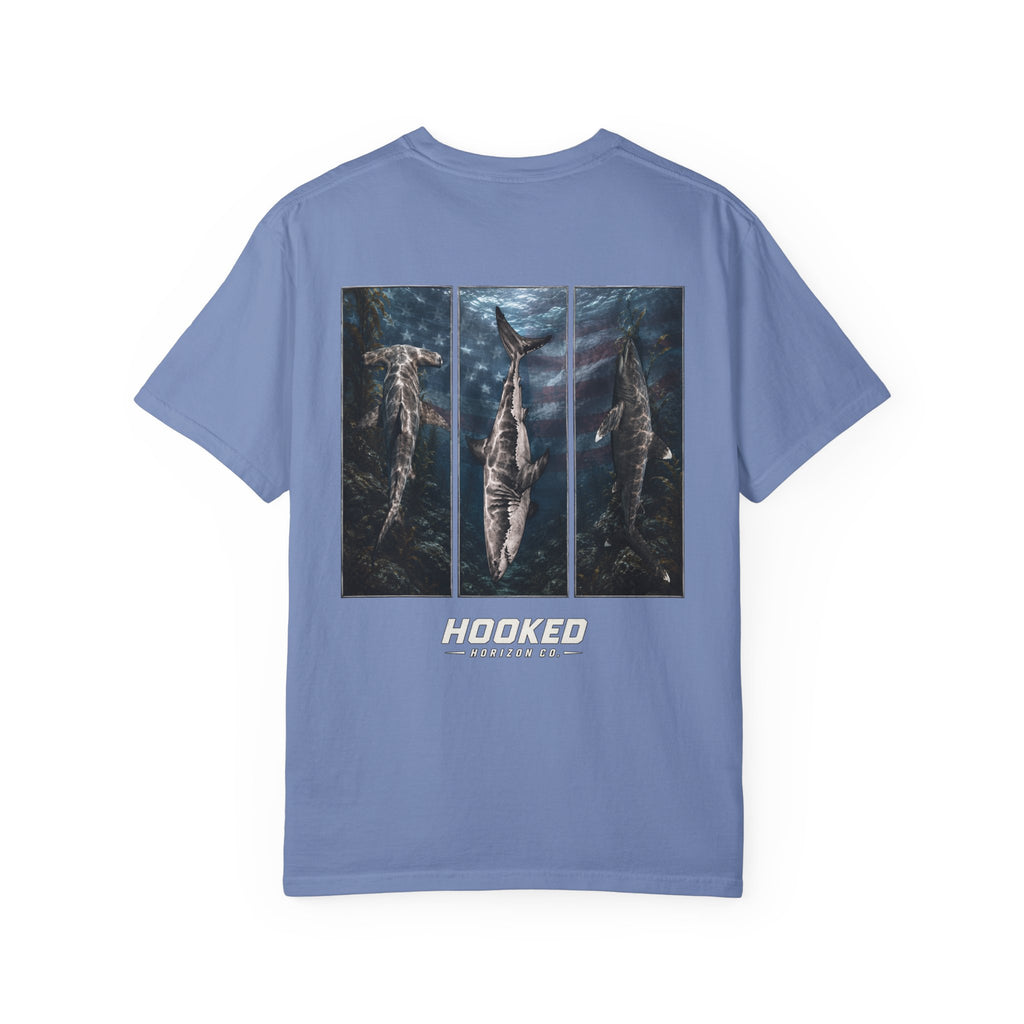 USA Triple Shark Hooked Horizon Co. — "Chasing Legends" Deep Drift Fishing Graphicishing Tee for Angler Lovers, Shark Lovers, Ocean Tee