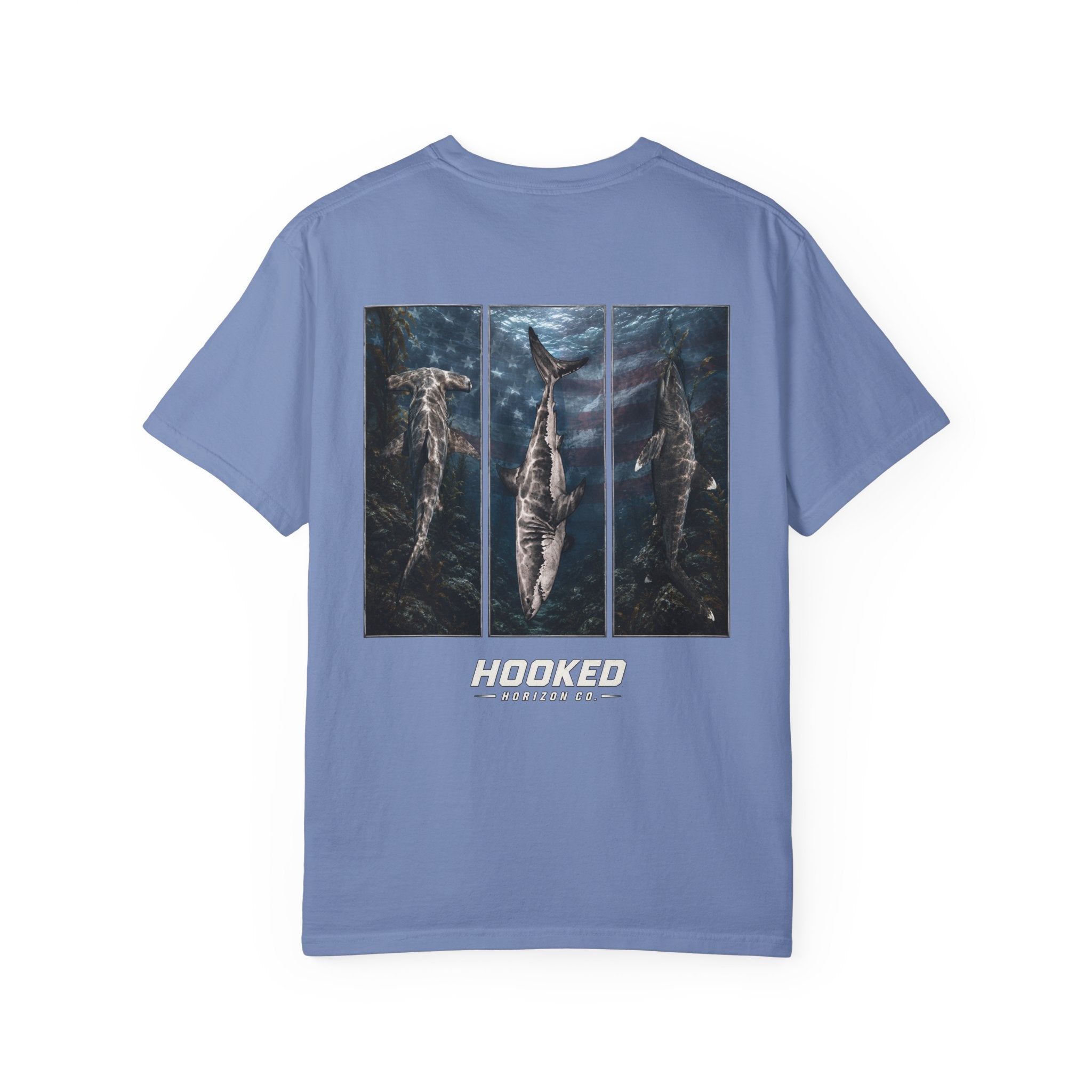 USA Triple Shark Hooked Horizon Co. — "Chasing Legends" Deep Drift Fishing Graphicishing Tee for Angler Lovers, Shark Lovers, Ocean Tee
