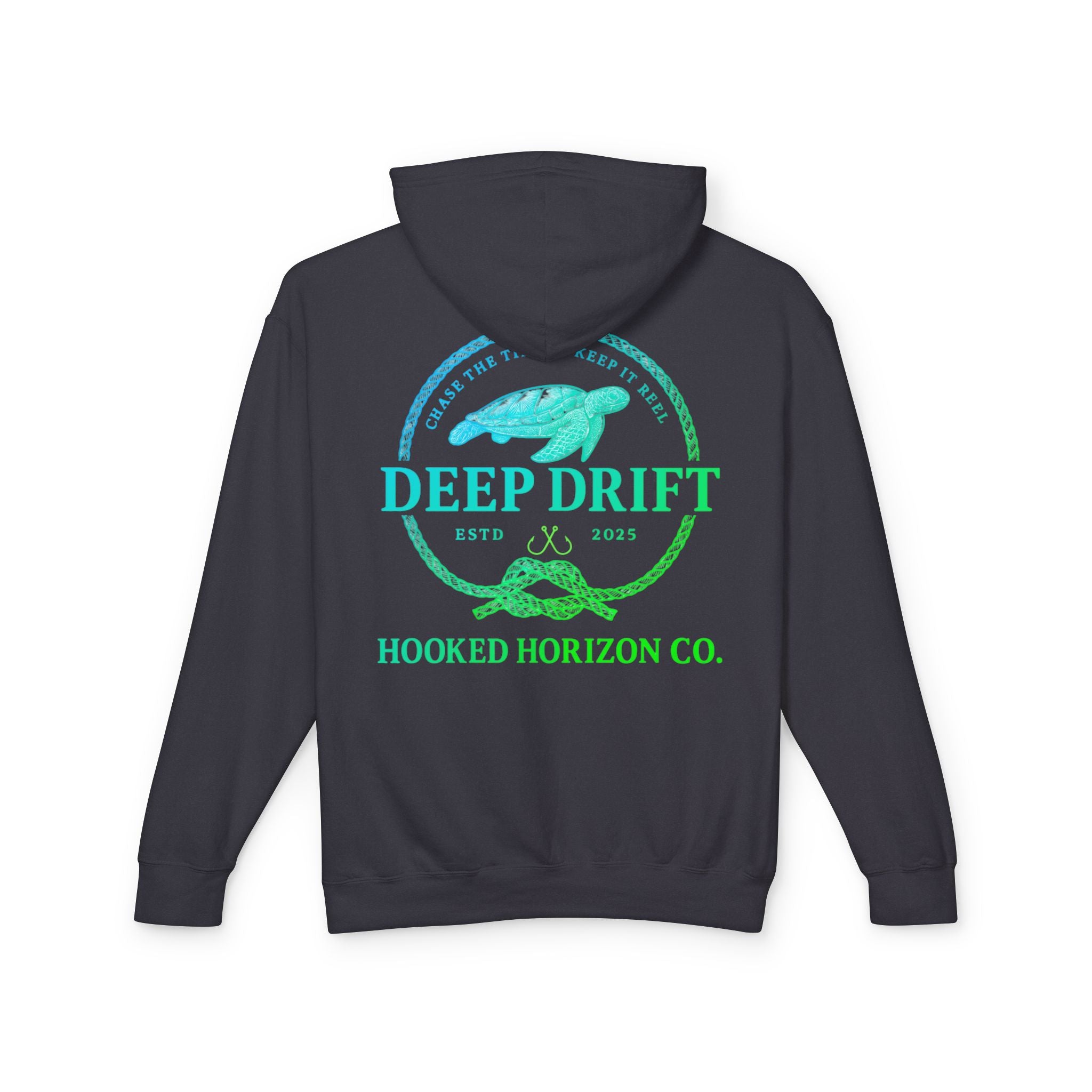 Hooked Horizon Co Green & Blue Unisex Lightweight Hoodie with Deep Drift Design | Perfect for Fishermen, Beach Lovers, Casual Outings, Gift for Him/Her, Nautical Style,  Ocean Lover Gifts