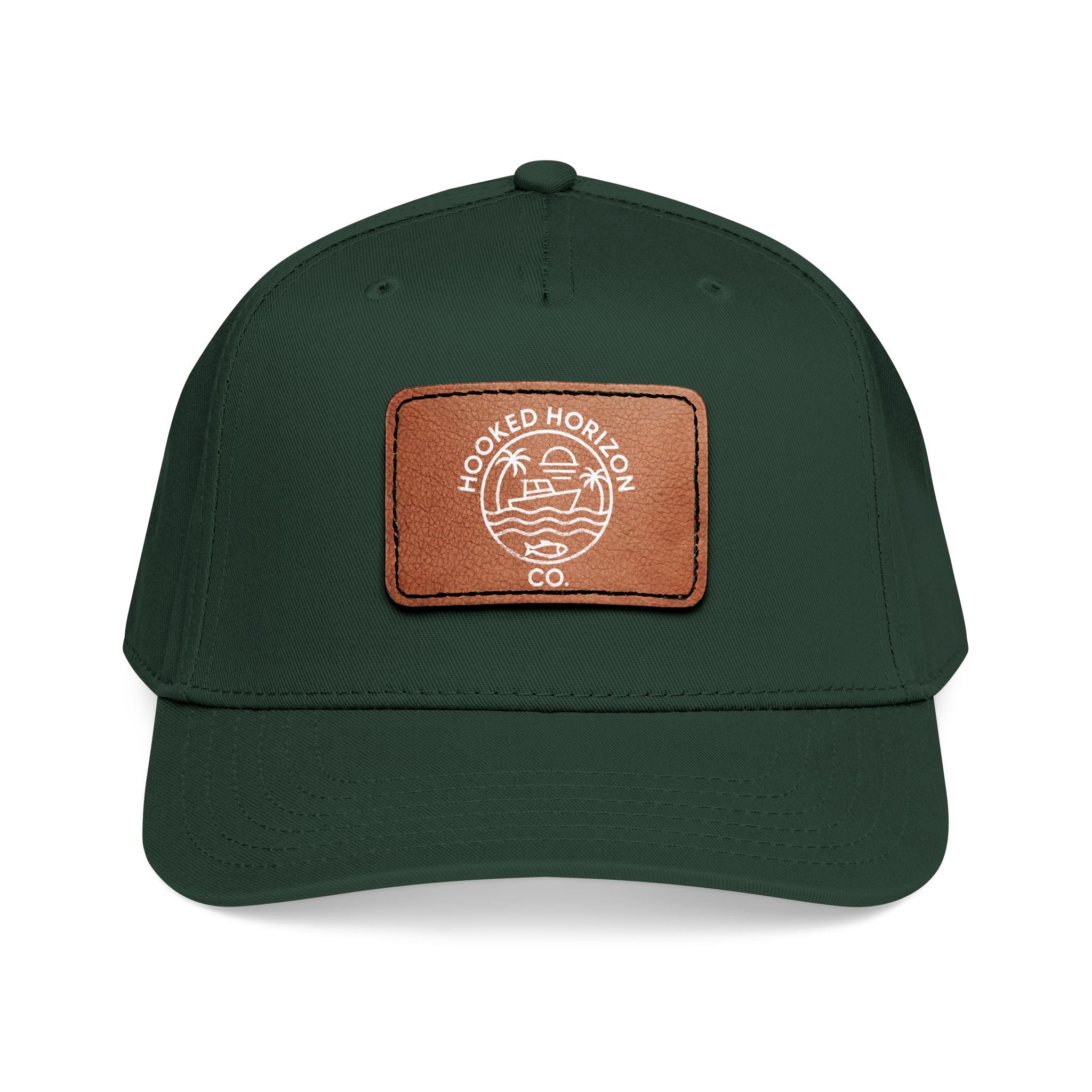 Hooked Horizon Co. 80s Inspired Logo–Leather Patch Baseball Cap — Hooked Horizon Co. Fishing Boat, Multiple Color Variations