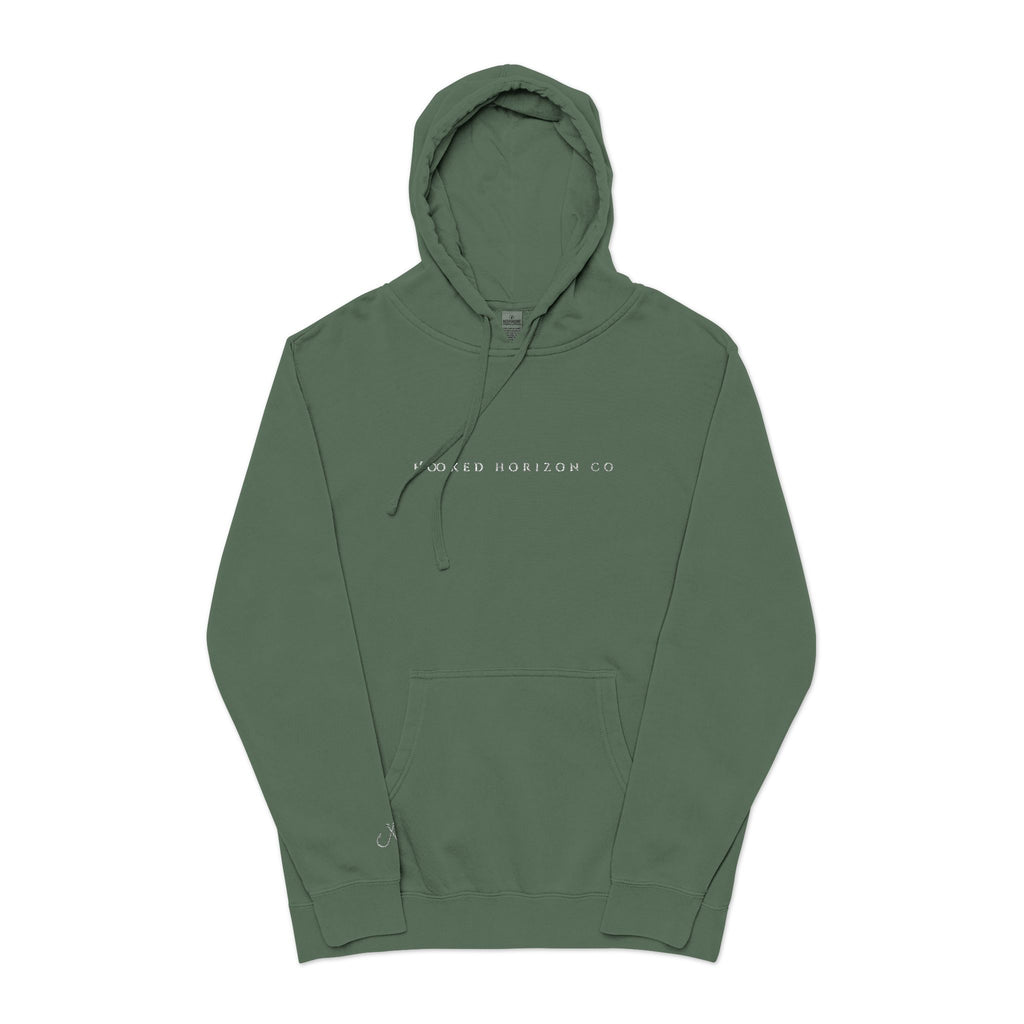 Hooked Horizon Co — Minimal Distrissed Hoodie — Distressed Tiny Text Pigment-Dyed Sweatshirt