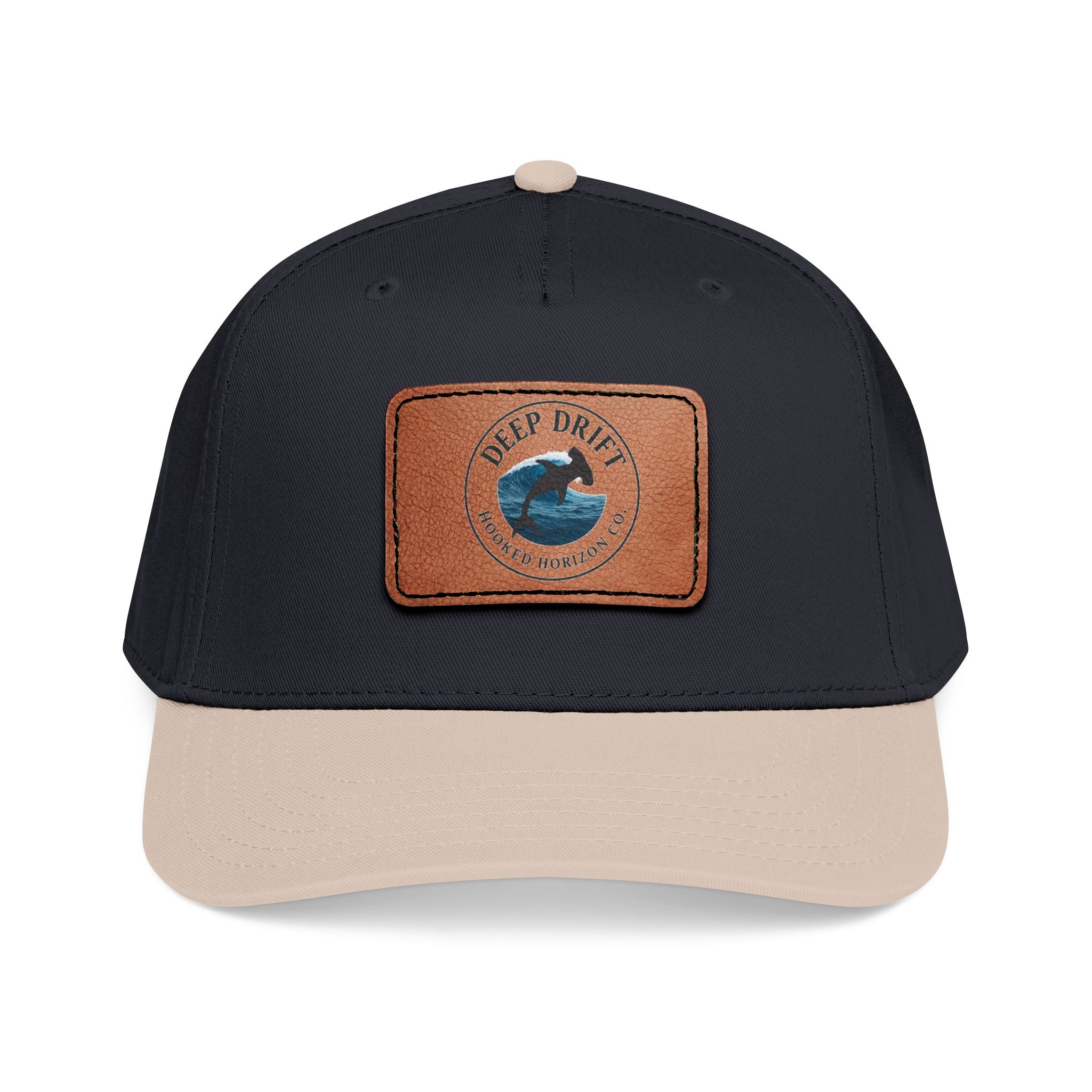 Deep Drift Leather Patch Baseball Cap — Hooked Horizon Co. Ocean Wave Logo, Multiple Color Variations