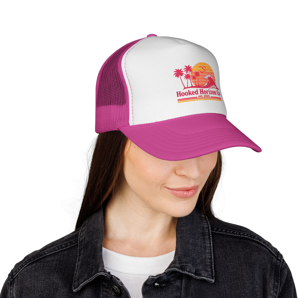 Hooked Horizon Co.  Wave, Sunset & Palm Tree 90s Inspired Trucker Cap — Outdoor & Beach Hat Ocean Conservation Gifts For Him & Her