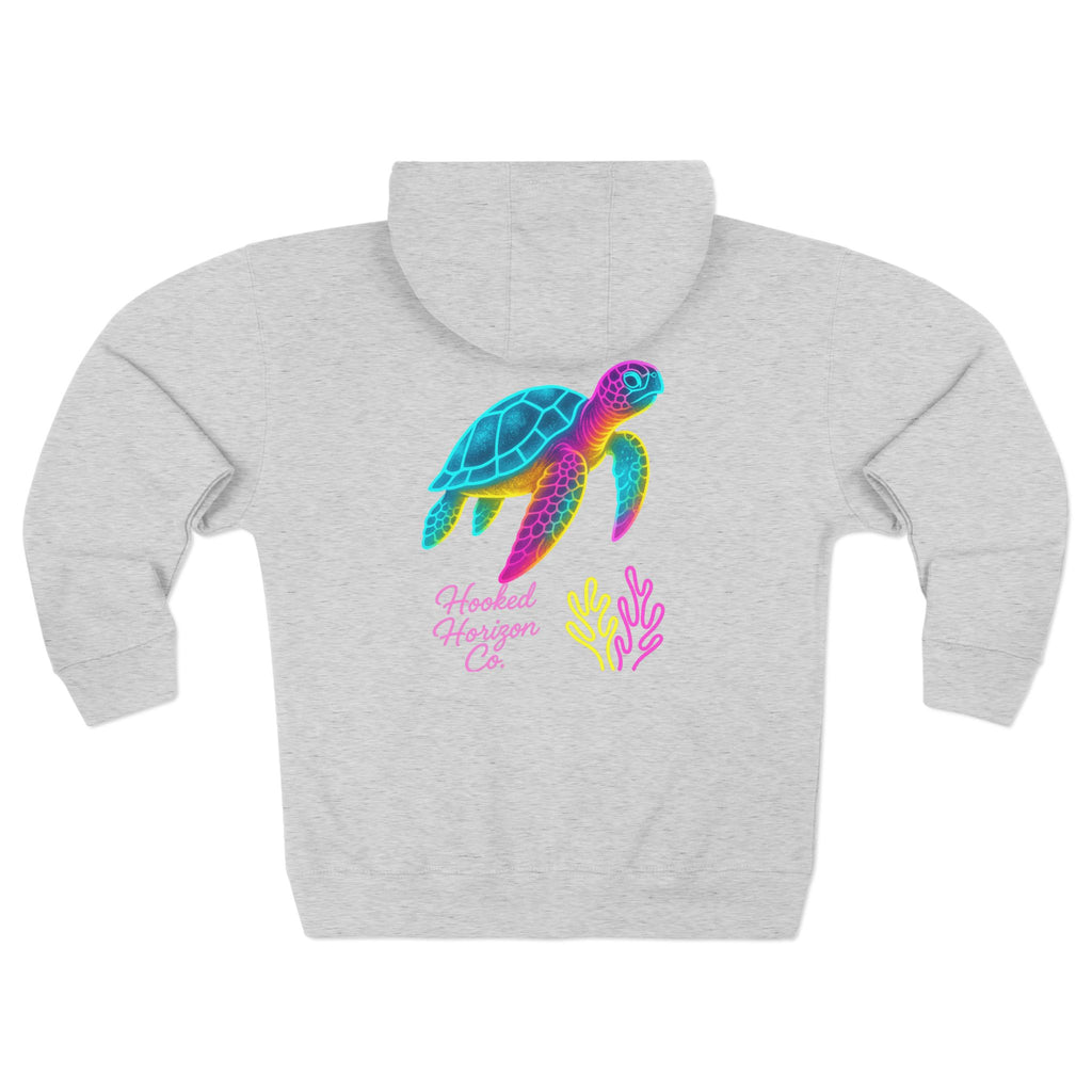 Neon Deep Drift Coral & Turtle Hooked Horizon Co. Unisex Zip Hoodie for Ocean Lovers, Nautical Fashion, Cool Weather Gear, Everyday Comfort, Perfect Gift