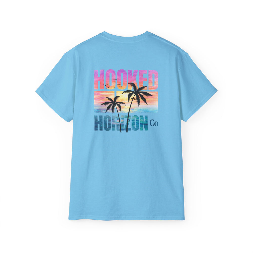 Sunset & Palm Tree T-Shirt — "Hooked" Boat & Horizon Graphic Tee, Multiple Color Variations
