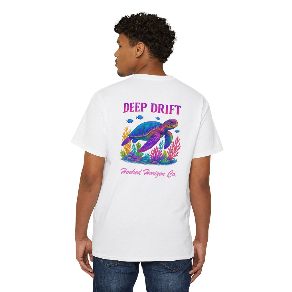 Turtle Deep Drift Hooked HorizonCo.  Tee- Perfect for Angler and Fishing Gifts, For him, For Her Unisex Cotton T-Shirt for Fishing & Wildlife Enthusiasts, Ocean Lovers