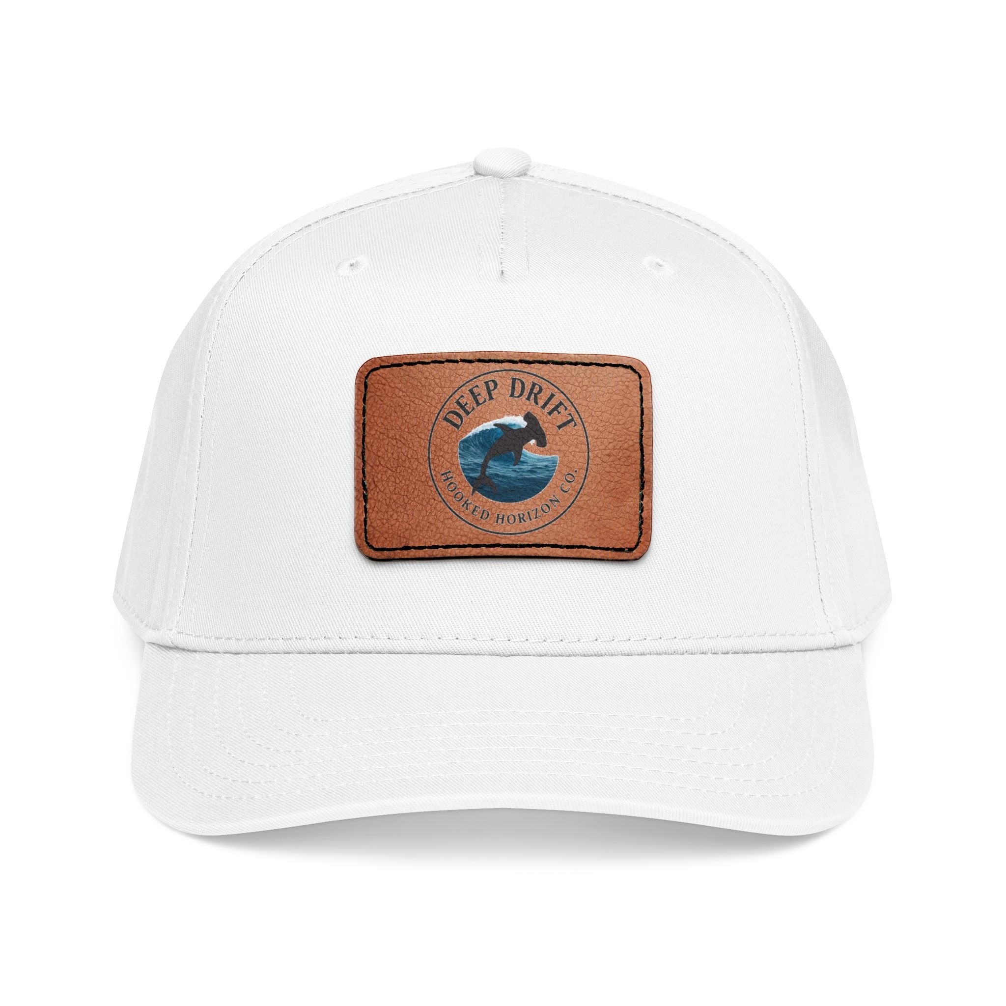 Deep Drift Leather Patch Baseball Cap — Hooked Horizon Co. Ocean Wave Logo, Multiple Color Variations