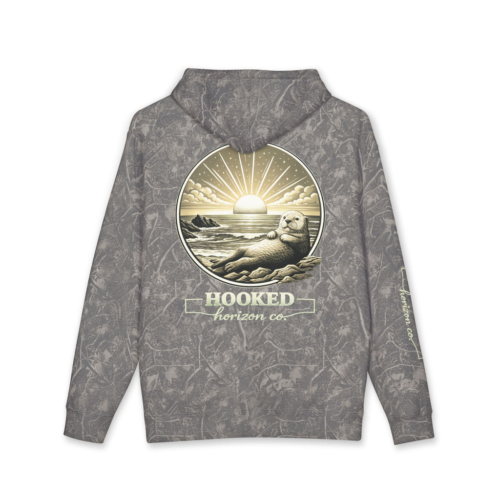 Sea Otter & Sunset Hoodie Hooked Horizon Co. — Minimal Fishing Back Graphic Hoodie, Multiple Color Variations