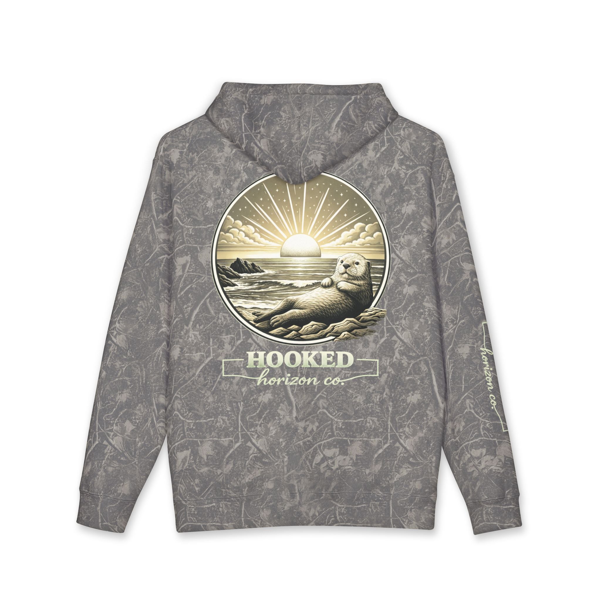 Sea Otter & Sunset Hoodie Hooked Horizon Co. — Minimal Fishing Back Graphic Hoodie, Multiple Color Variations
