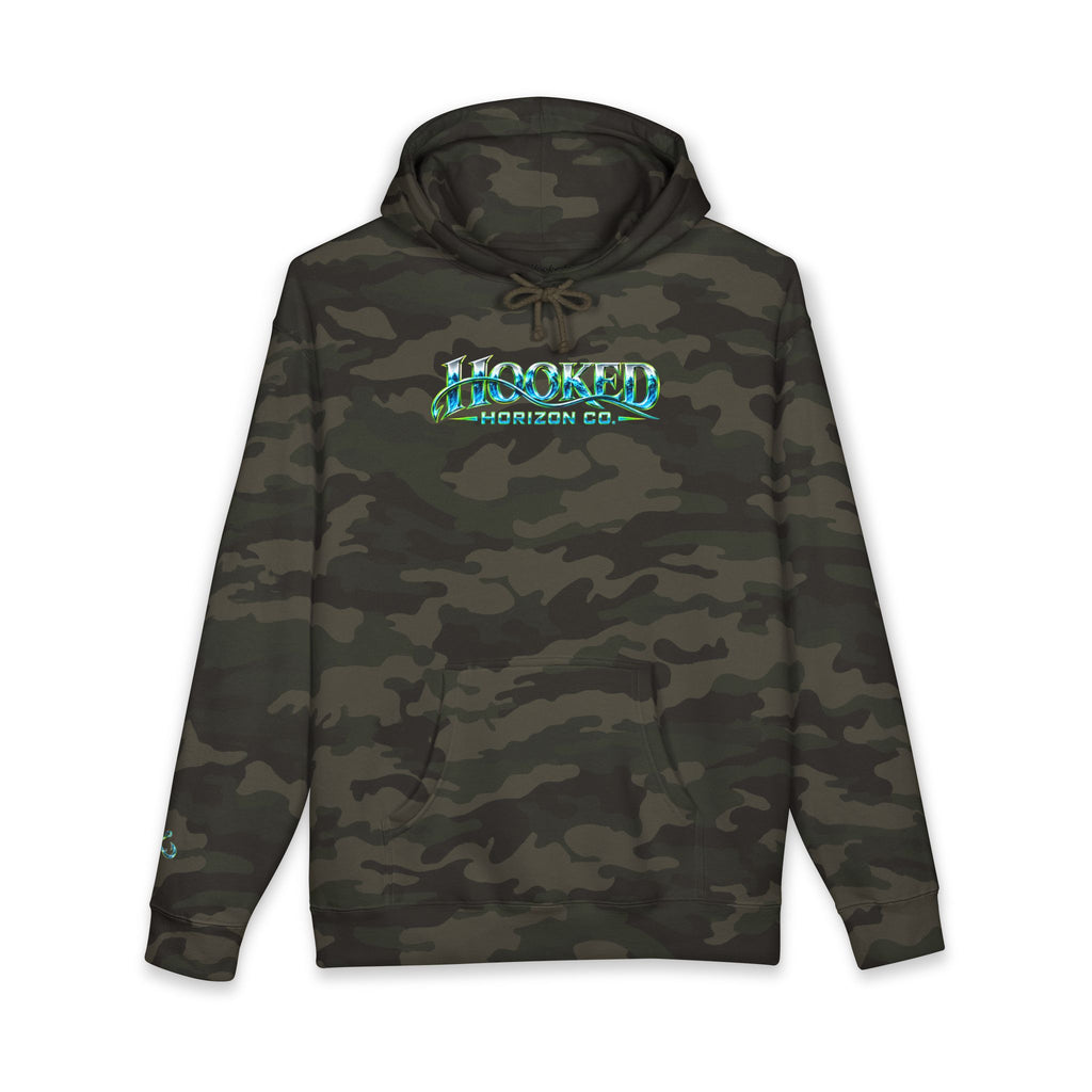 Barracuda Like Green Logo Hoodie—Hooked Horizon Co. — Fishing Back Graphic Hoodie, Multiple Color Variations