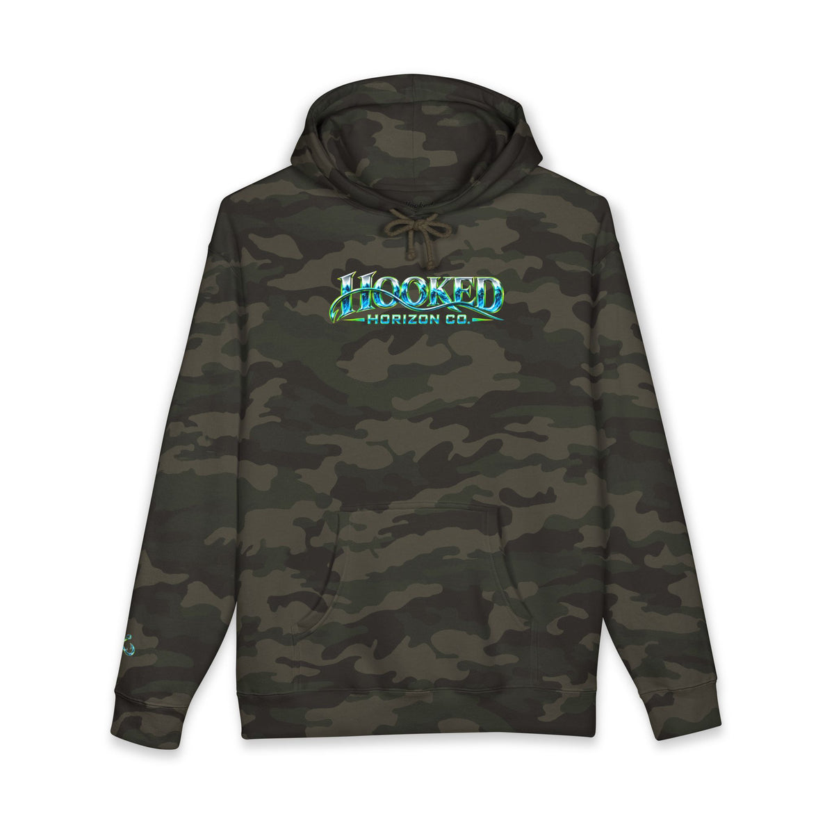 Barracuda Like Green Logo Hoodie—Hooked Horizon Co. — Fishing Back Graphic Hoodie, Multiple Color Variations