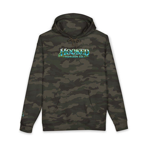 Barracuda Like Green Logo Hoodie—Hooked Horizon Co. — Fishing Back Graphic Hoodie, Multiple Color Variations