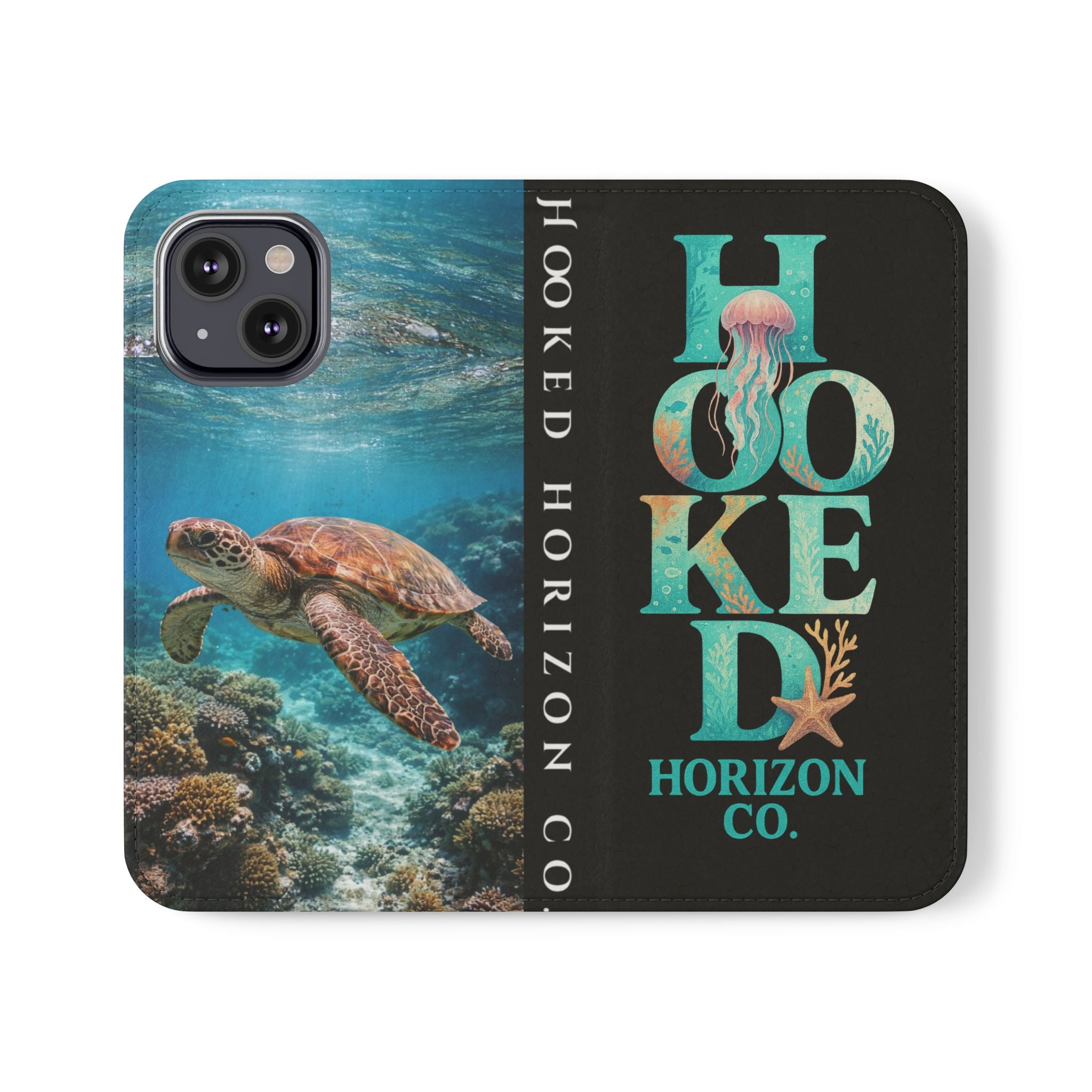 Turtle Hooked Horizon Co Flip Phone Case — Turquoise Water Pattern Wallet Cover