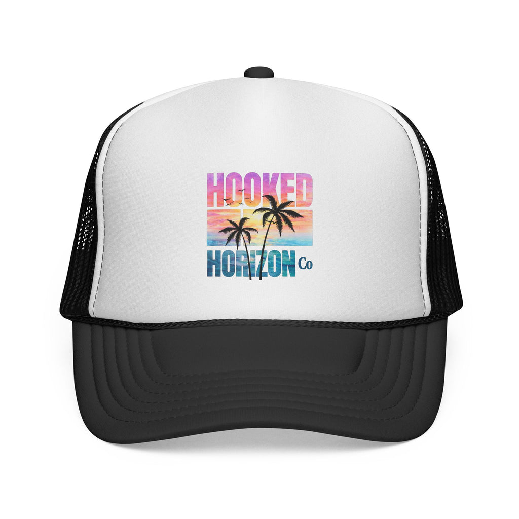 Hooked Horizon Co.  Sunset & Palm Tree 90s Inspired Trucker Cap — Outdoor & Beach Hat Ocean Conservation Gifts For Him & Her