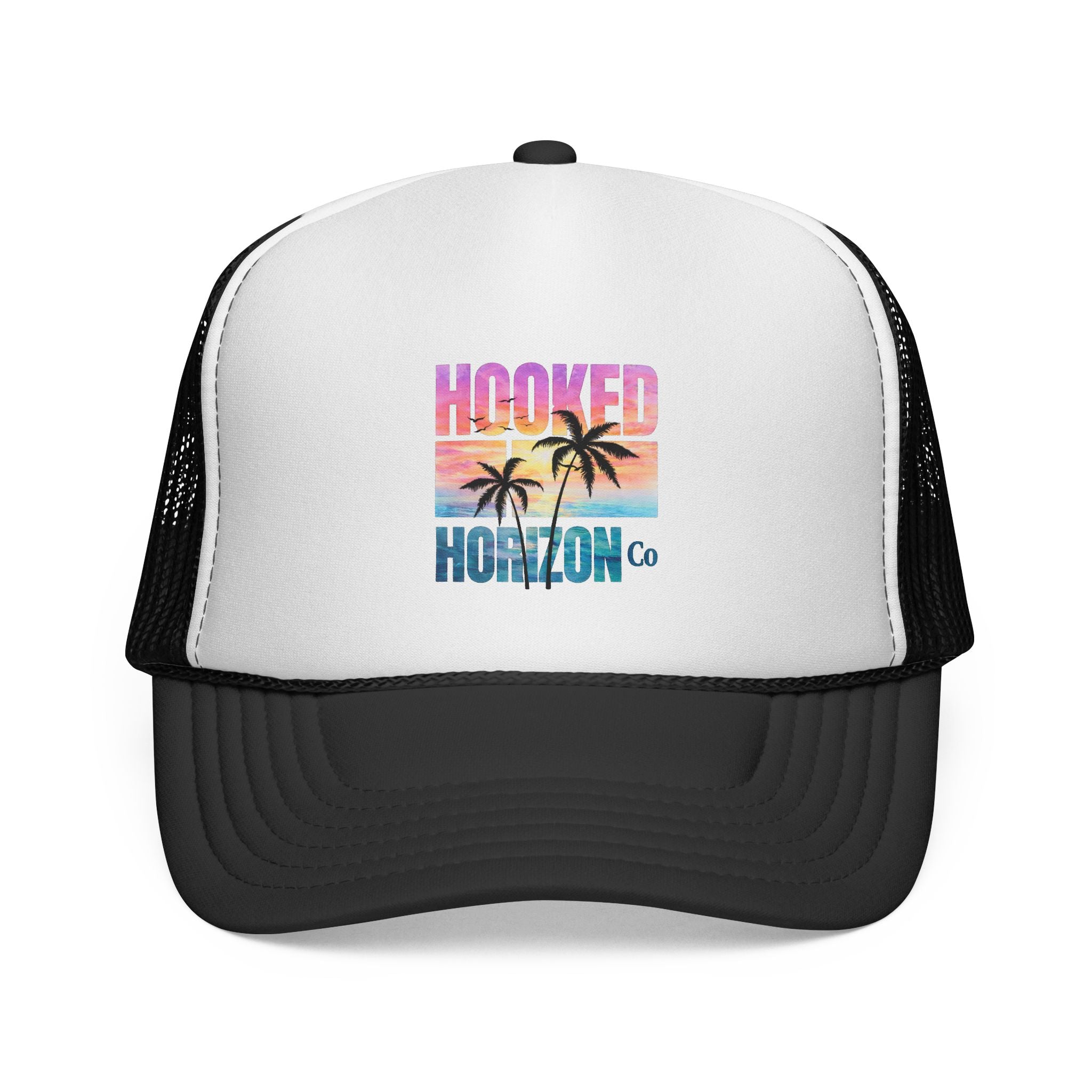 Hooked Horizon Co.  Sunset & Palm Tree 90s Inspired Trucker Cap — Outdoor & Beach Hat Ocean Conservation Gifts For Him & Her