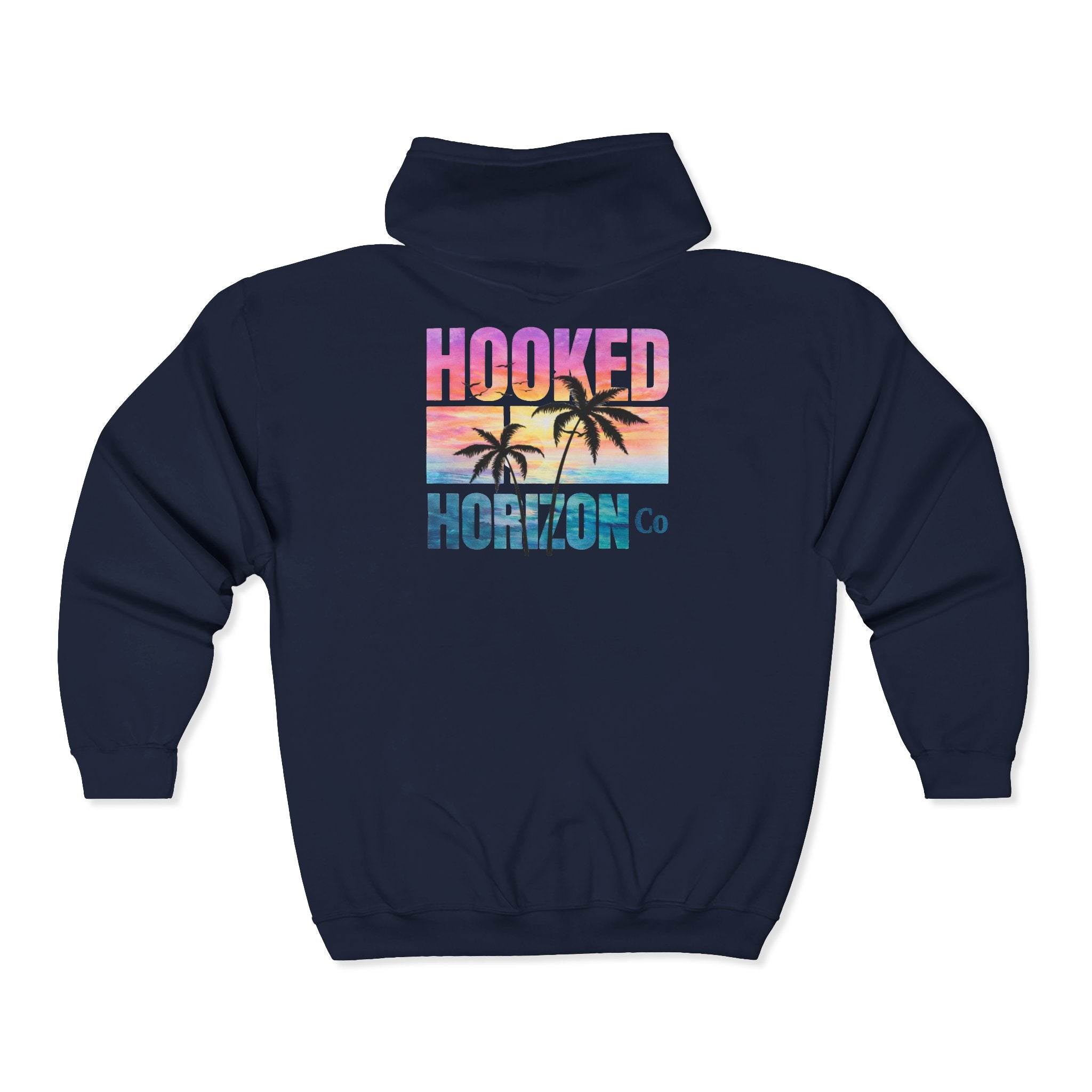 Hooked Horizon Co. Sunset & Palm Tree 90s Inspired Vacation Zip Hoodie - Tropical Palm Sunset Fishing Hoodie,  Multiple Color Variations