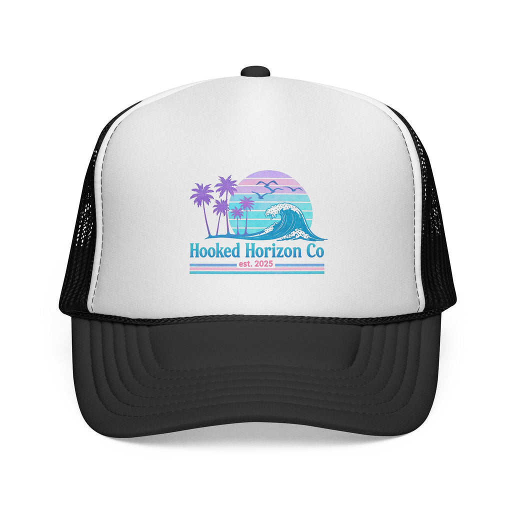 Hooked Horizon Co.  Wave, Sunset & Palm Tree 90s Inspired Trucker Cap in Purple & Blue — Outdoor & Beach Hat Ocean Conservation Gifts For Him & Her