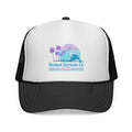 Hooked Horizon Co.  Wave, Sunset & Palm Tree 90s Inspired Trucker Cap in Purple & Blue — Outdoor & Beach Hat Ocean Conservation Gifts For Him & Her
