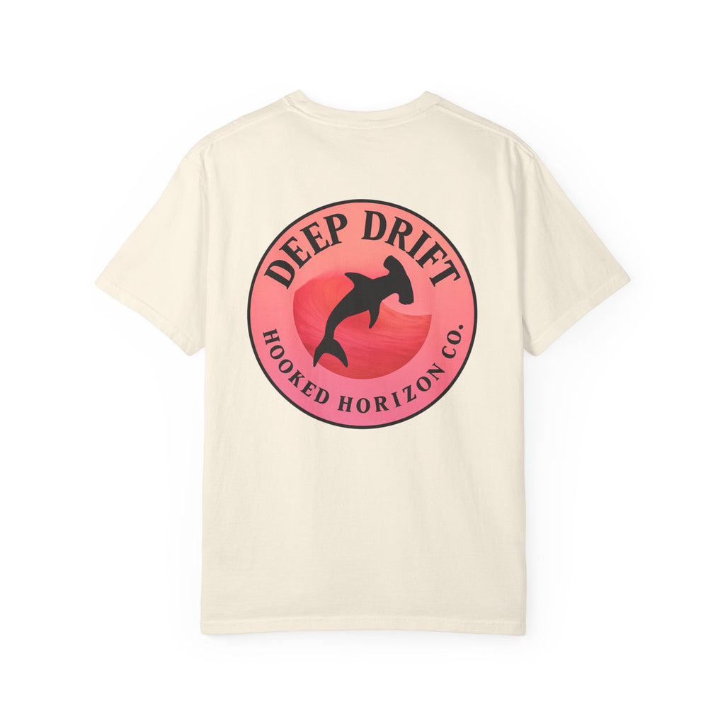 Deep Drift Fishing T-Shirt - Pink & Peach Fishing Tee for Angler Lovers, Pink Ombre, Hammer Head Shark Tee, Ocean-inspired