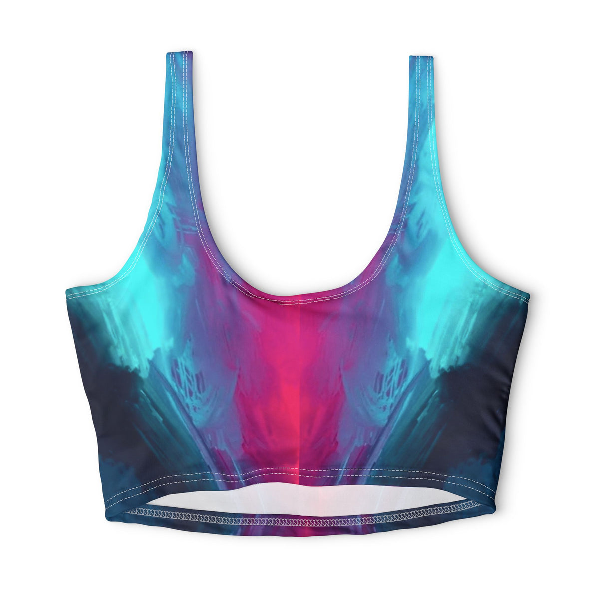 Teal & Pink Abstract Wave Sports Bra — Hooked Horizon Co. Racerbacck Activewear, Comfortable Activewear, Fitness Pants, Ideal for Gym, Yoga, and Weekend Brunch