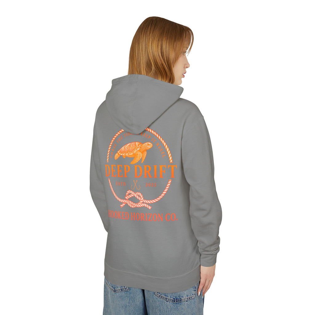 Orange Hooked Horizon Co Unisex Lightweight Hoodie with Deep Drift Design | Perfect for Fishermen, Beach Lovers, Casual Outings, Gift for Him/Her, Nautical Style,  Ocean Lover Gifts