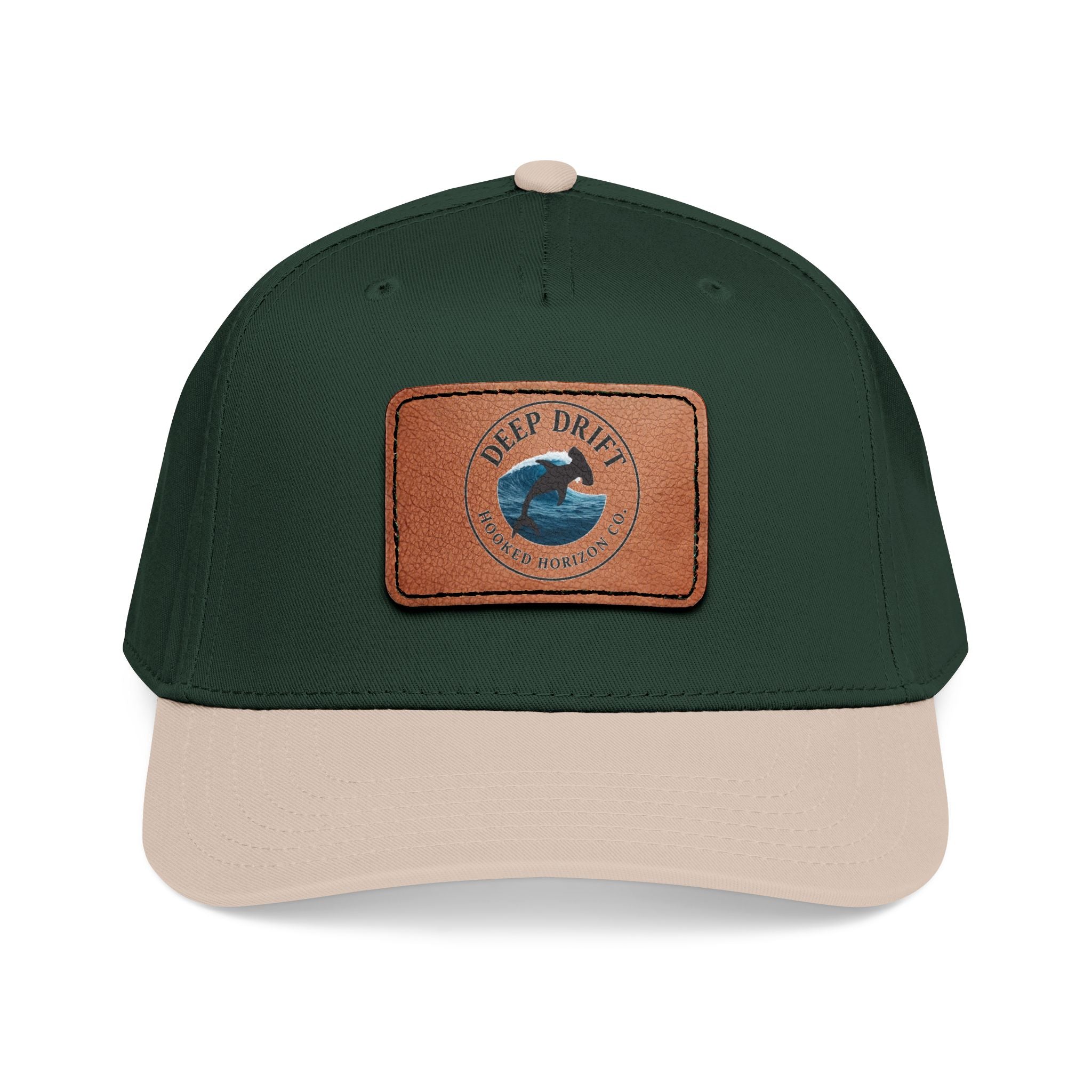 Deep Drift Leather Patch Baseball Cap — Hooked Horizon Co. Ocean Wave Logo, Multiple Color Variations