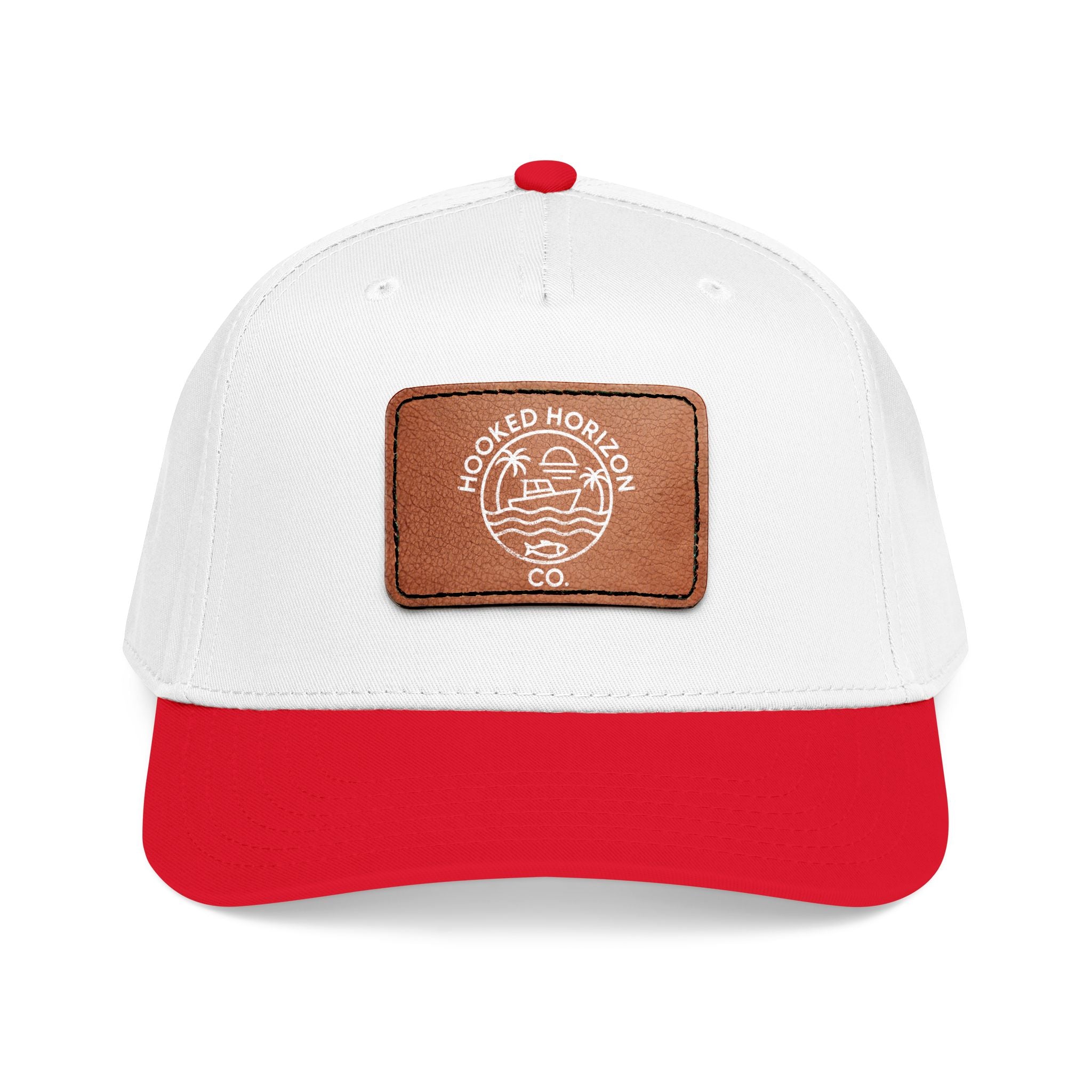 Hooked Horizon Co. 80s Inspired Logo–Leather Patch Baseball Cap — Hooked Horizon Co. Fishing Boat, Multiple Color Variations