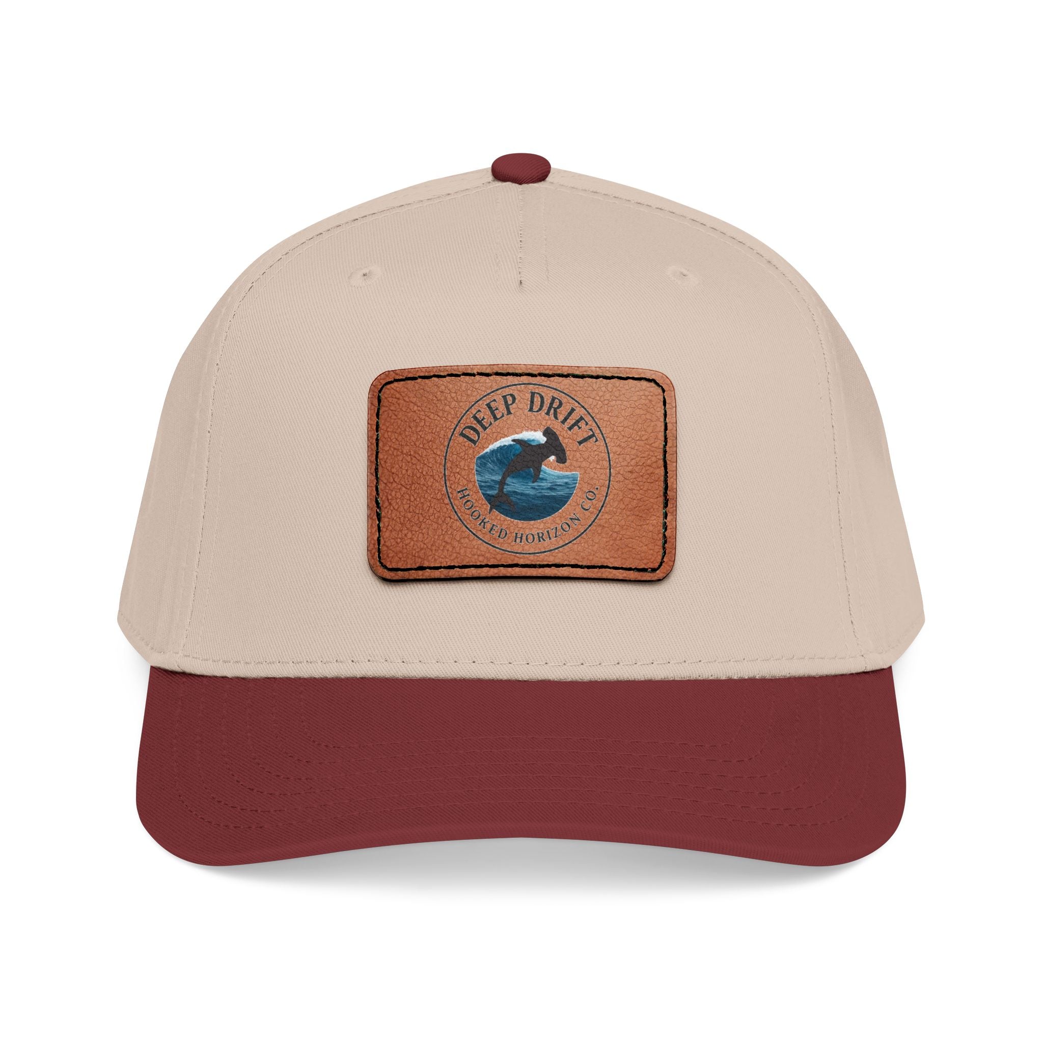 Deep Drift Leather Patch Baseball Cap — Hooked Horizon Co. Ocean Wave Logo, Multiple Color Variations
