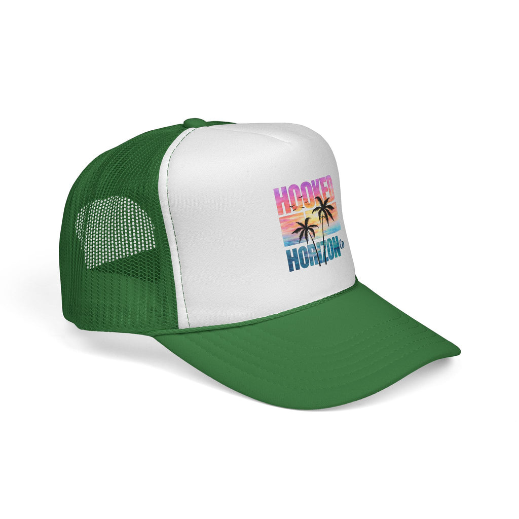 Hooked Horizon Co.  Sunset & Palm Tree 90s Inspired Trucker Cap — Outdoor & Beach Hat Ocean Conservation Gifts For Him & Her