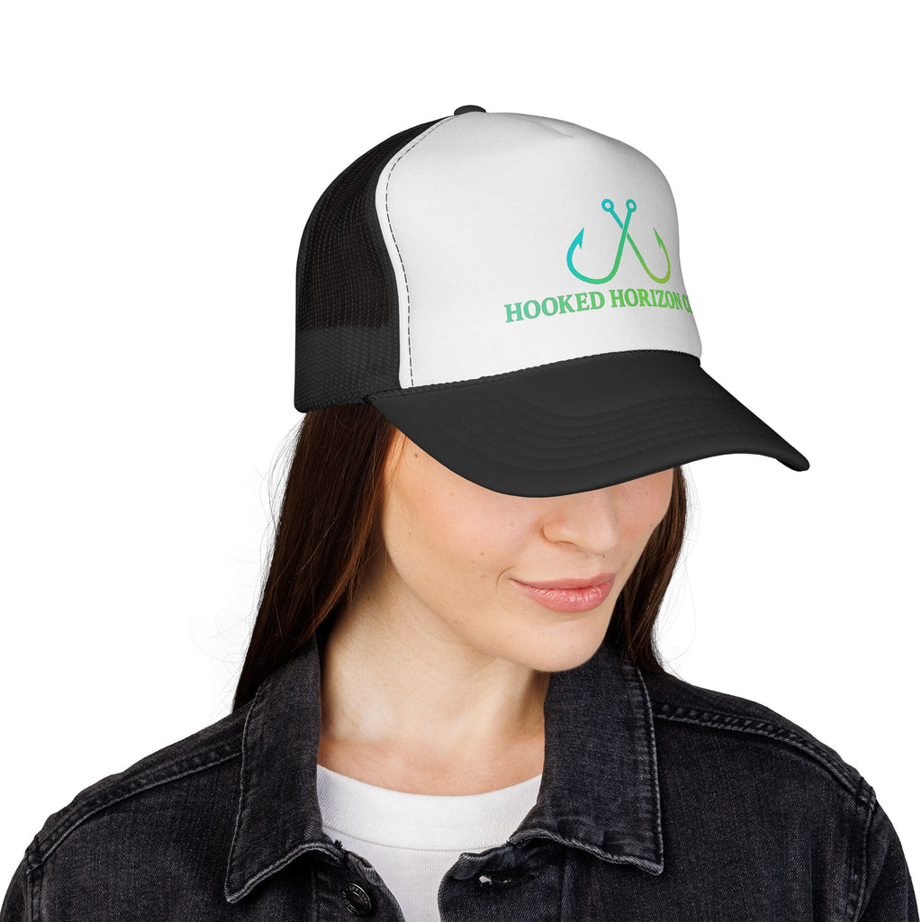 Sea Green & Teal Blue Trucker Cap — Hooked Horizon Co. Fishing Hooks Logo