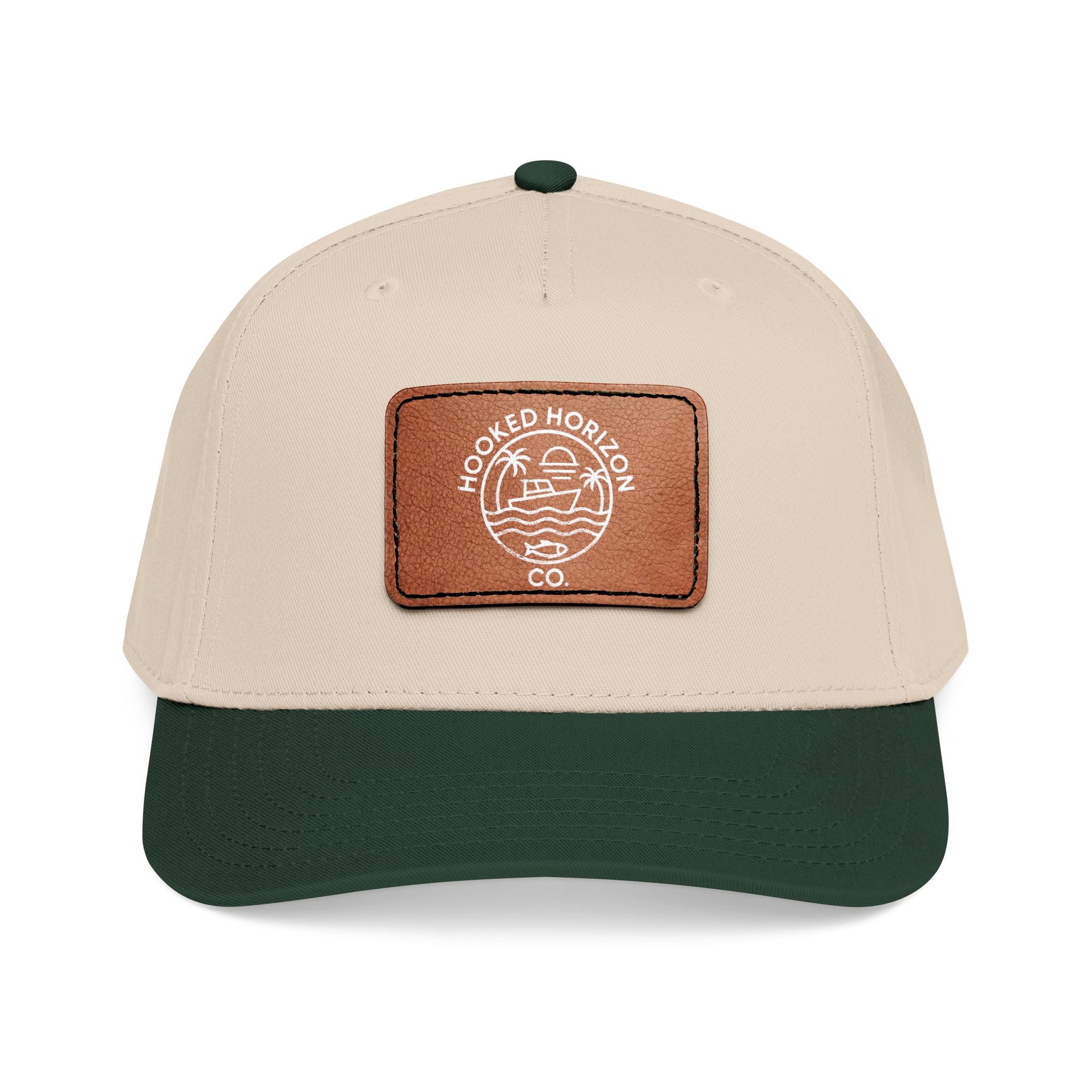 Hooked Horizon Co. 80s Inspired Logo–Leather Patch Baseball Cap — Hooked Horizon Co. Fishing Boat, Multiple Color Variations
