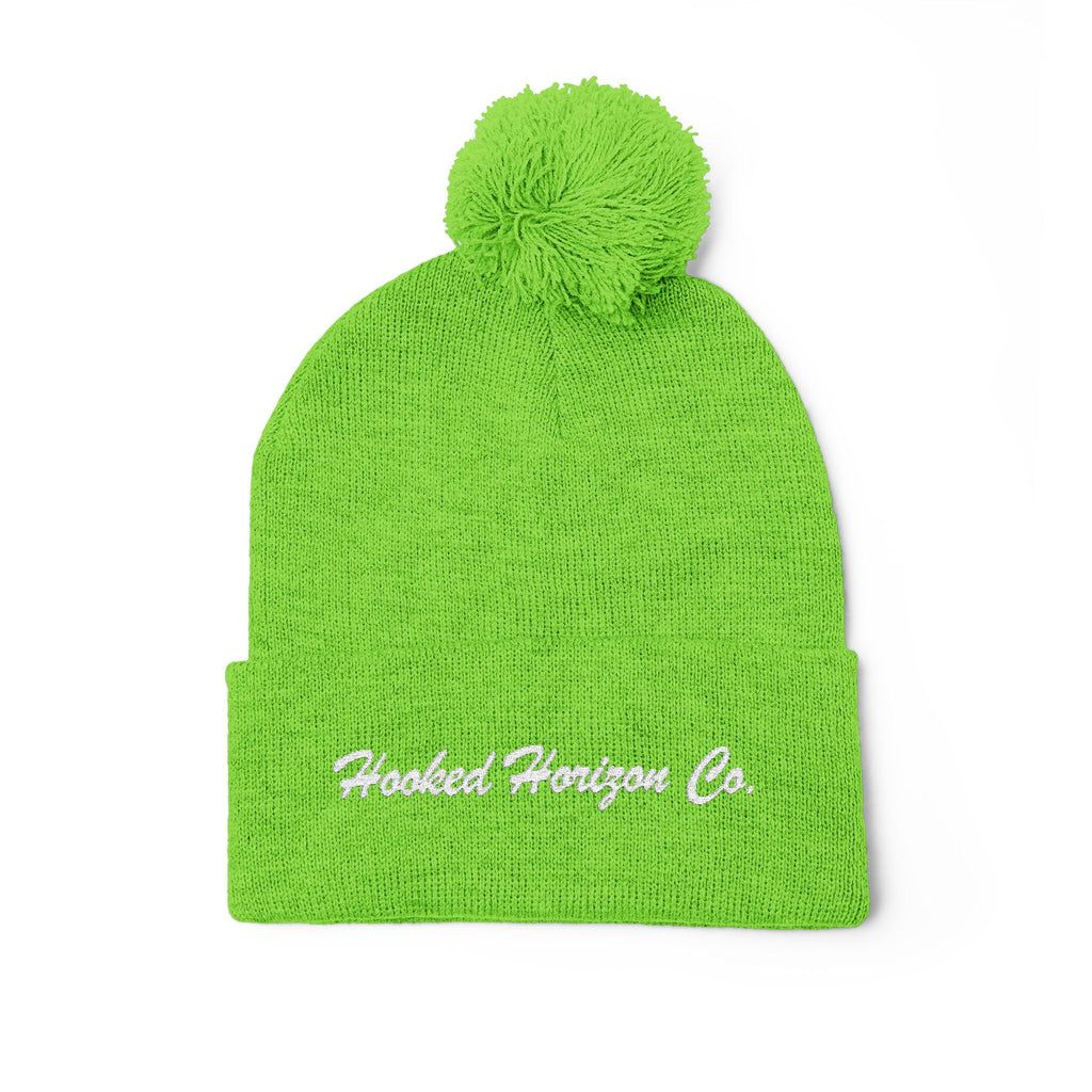 Hooked Horizon Co. Embroidered Pom-Pom Knit Cap — Cozy Grey Beanie with Multiple Color Variations