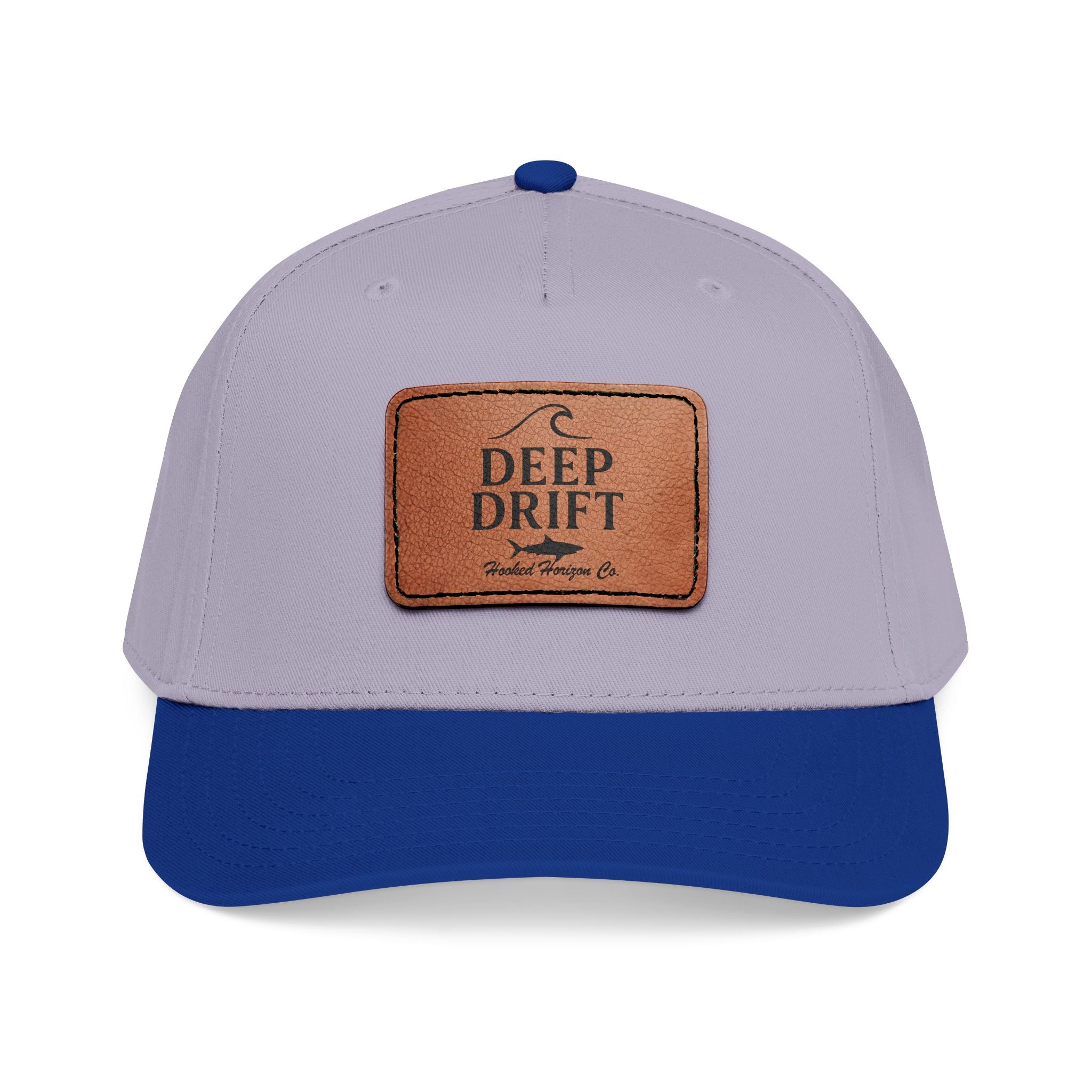"Deep Drift" Shark Wave Leather Patch Baseball Cap — Hooked Horizon Co. Ocean Wave Logo, Multiple Color Variations