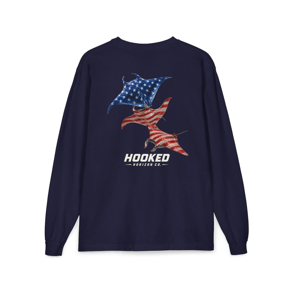 USA Manta Ray Hooked Horizon Co.  Classic Logo Unisex Long Sleeve Pocket T-Shirt