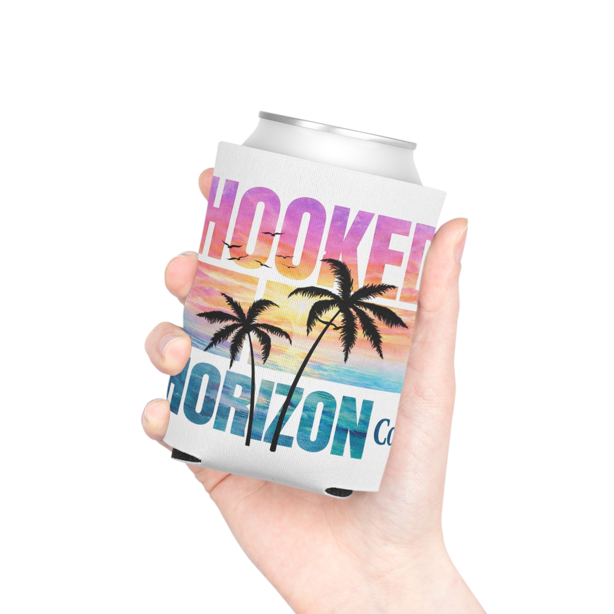 Hooked Horizon Co. Sunset & Palm Tree 90s Inspired Can Cooler – Tropical Sunset Palm Beverage Koozie