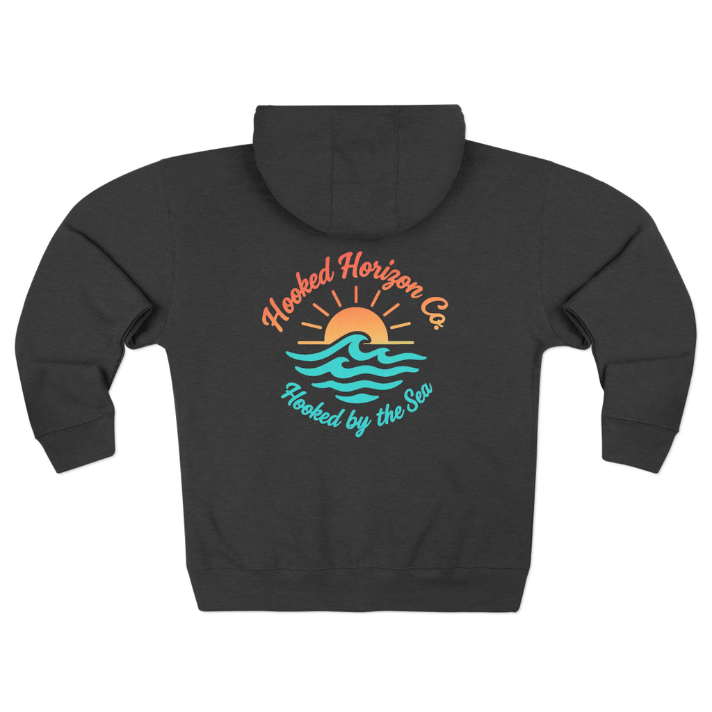 Wave & Sun Deep Drift– "Hooked By The Sea" Hooked Horizon Co. Unisex Zip Hoodie for Ocean Lovers, Nautical Fashion, Cool Weather Gear, Everyday Comfort, Perfect Gift