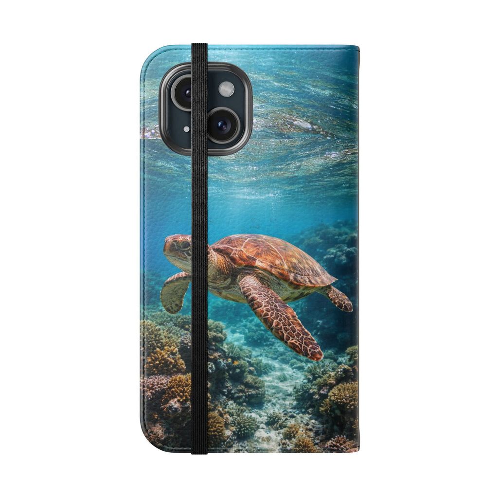 Turtle Hooked Horizon Co Flip Phone Case — Turquoise Water Pattern Wallet Cover