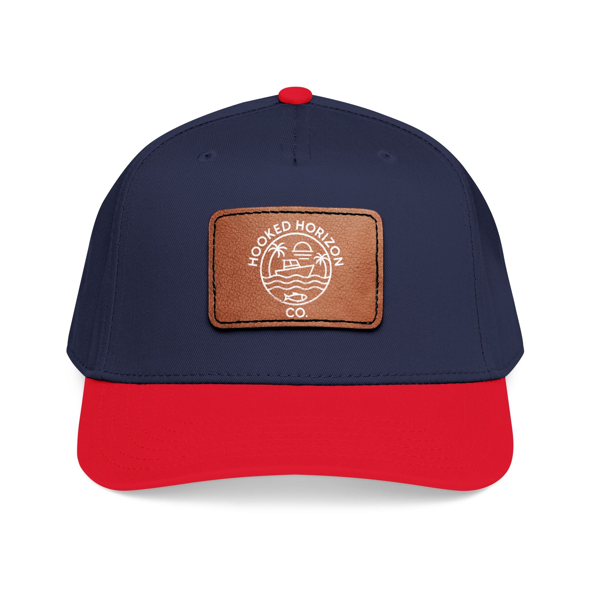 Hooked Horizon Co. 80s Inspired Logo–Leather Patch Baseball Cap — Hooked Horizon Co. Fishing Boat, Multiple Color Variations