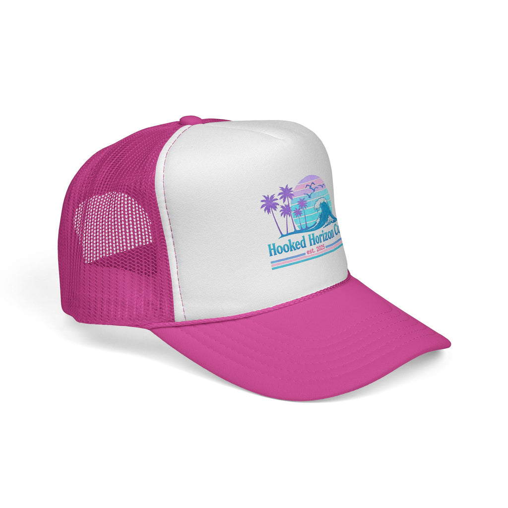 Hooked Horizon Co.  Wave, Sunset & Palm Tree 90s Inspired Trucker Cap in Purple & Blue — Outdoor & Beach Hat Ocean Conservation Gifts For Him & Her